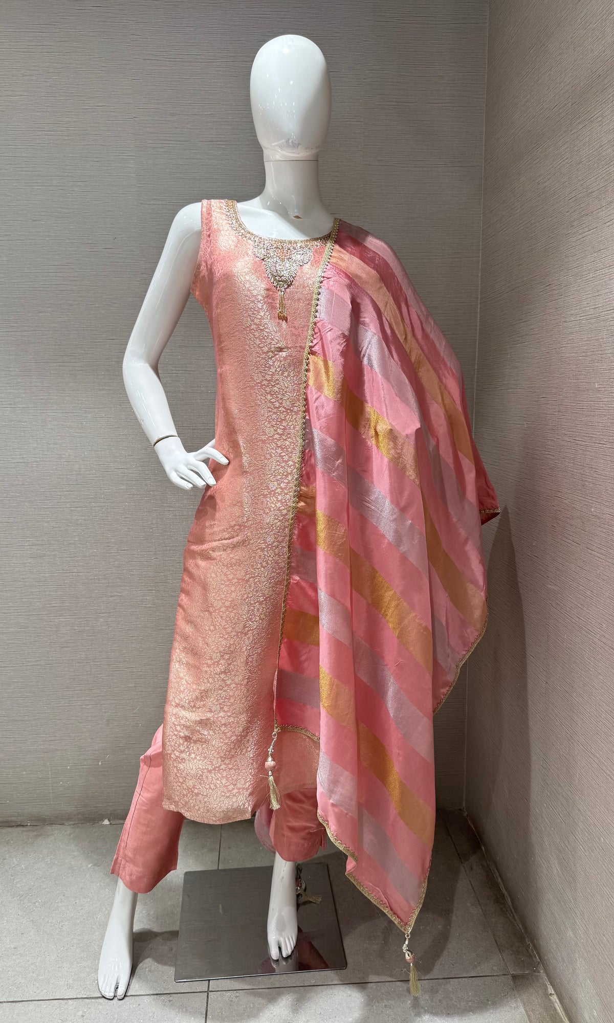 Light Pink Tissue silk Kurta Set with Striped Dupatta