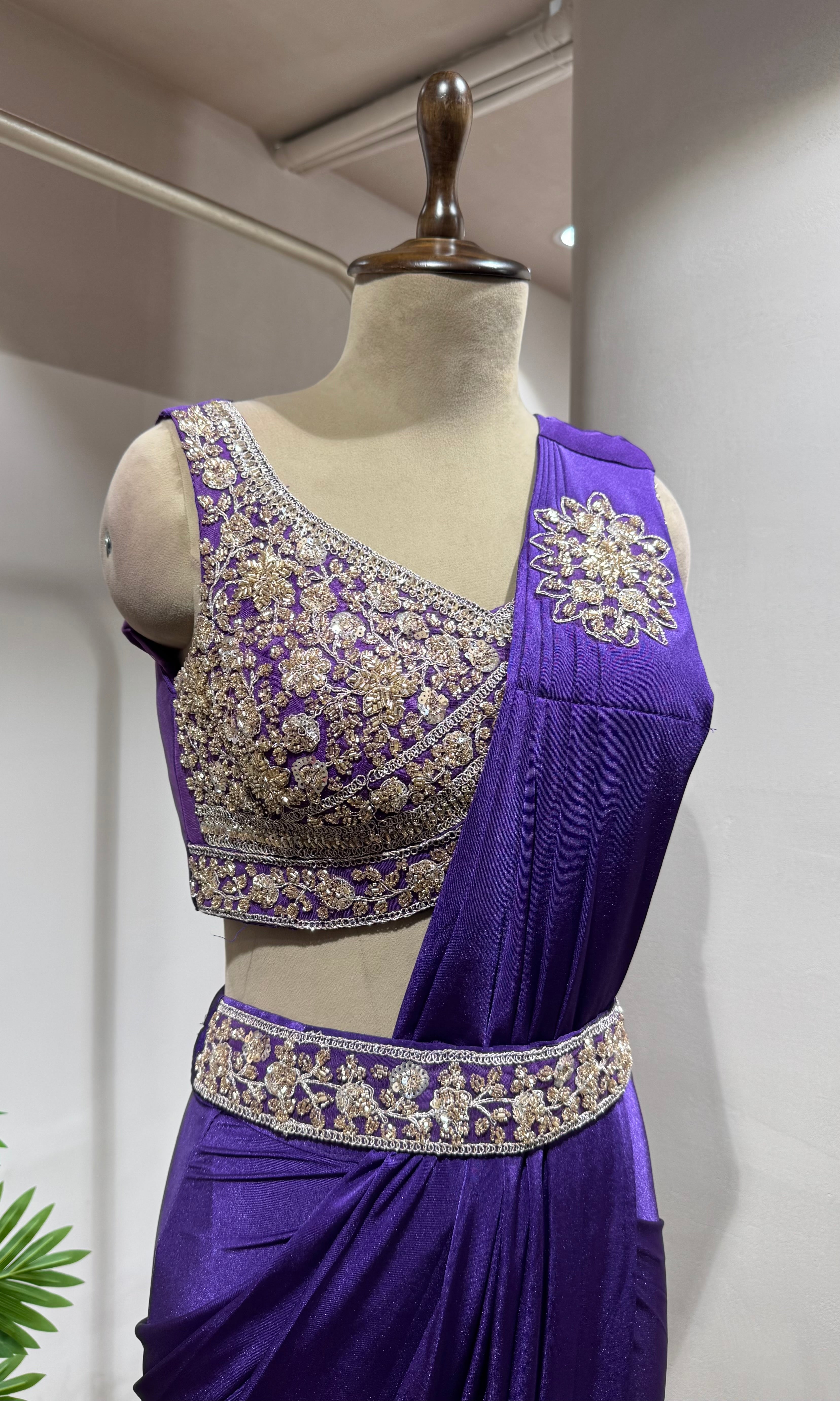 PURPLE DRAPE SAREE WITH BLOUSE & BELT