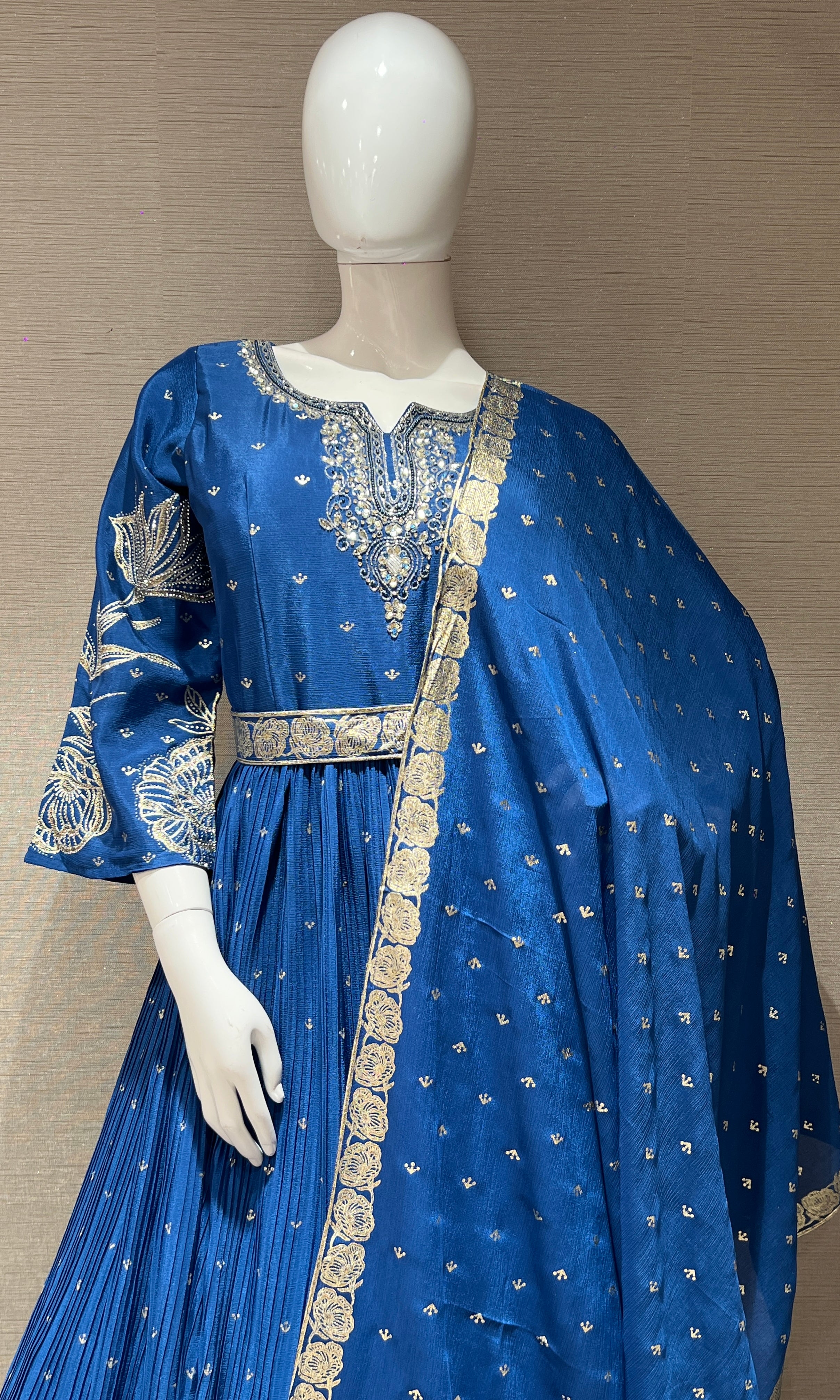 Dark Blue long anarkali with gold embroidered