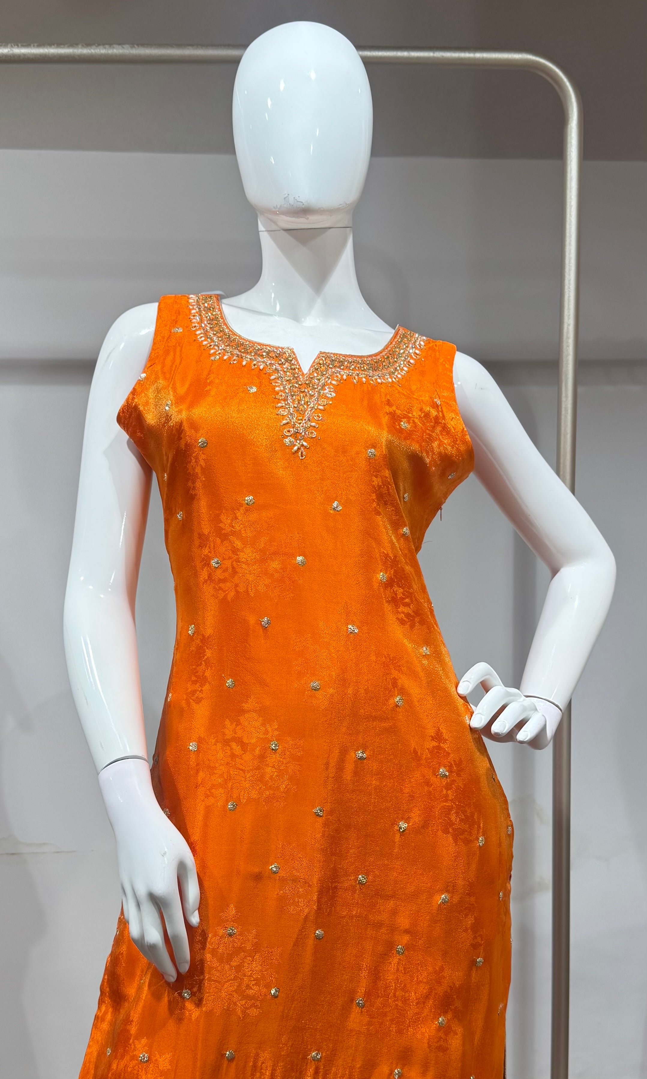 orange intricate gold embroidery Kurta set