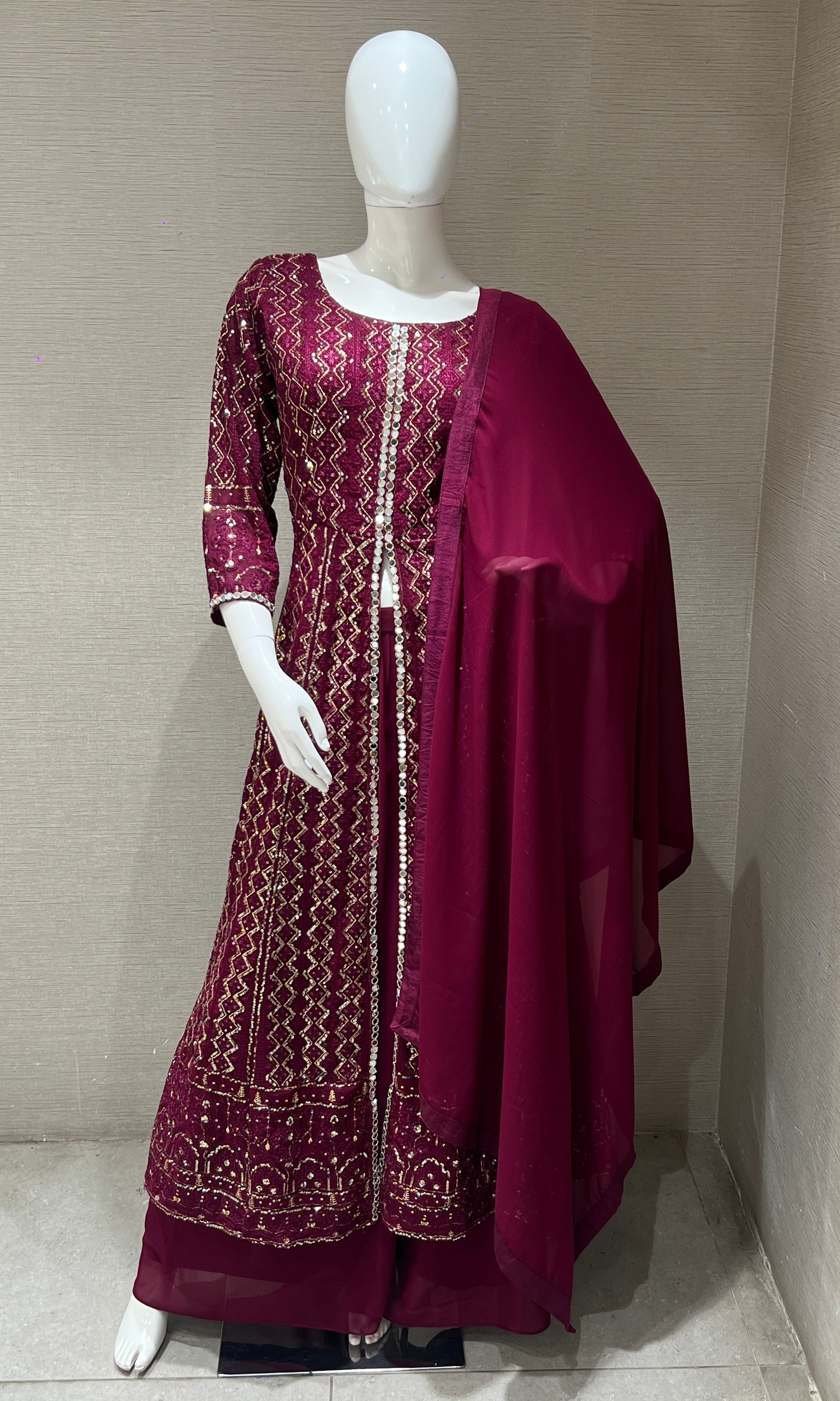 Wine front slit Anarkali with palazzo pants
