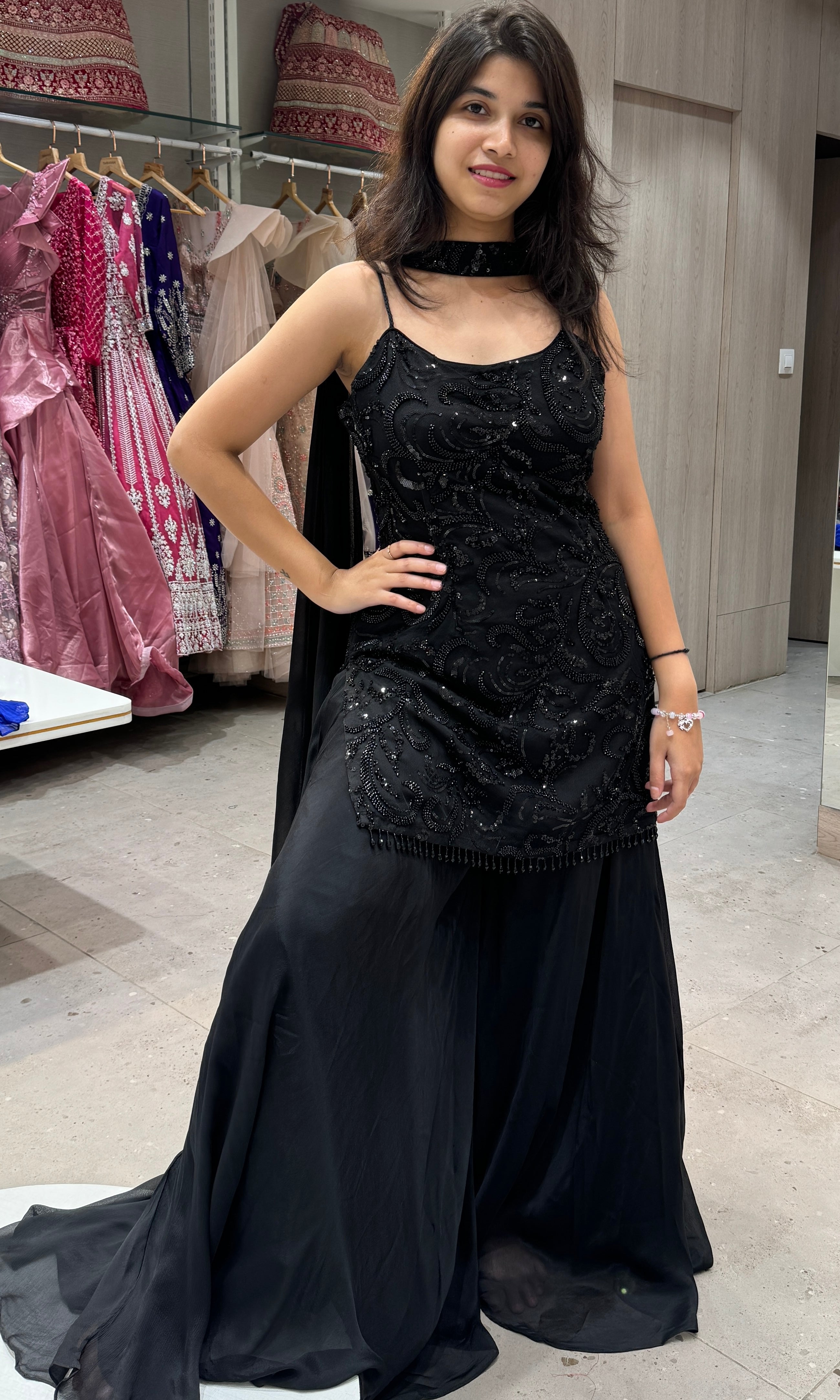 Black on black Sequins palazzo set with choker long asymmetrical dupatta