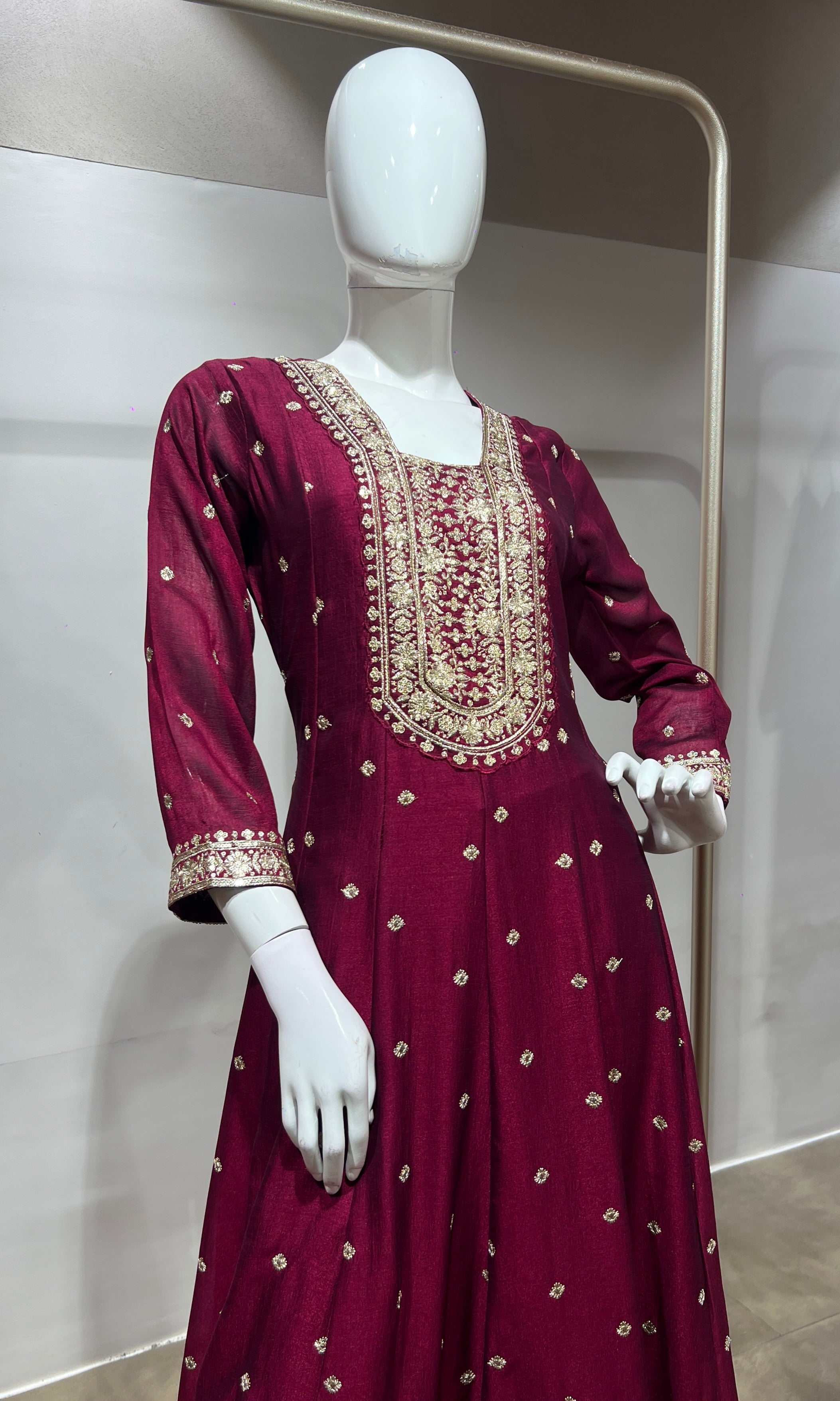 Wine gold embroidered Anarkali set