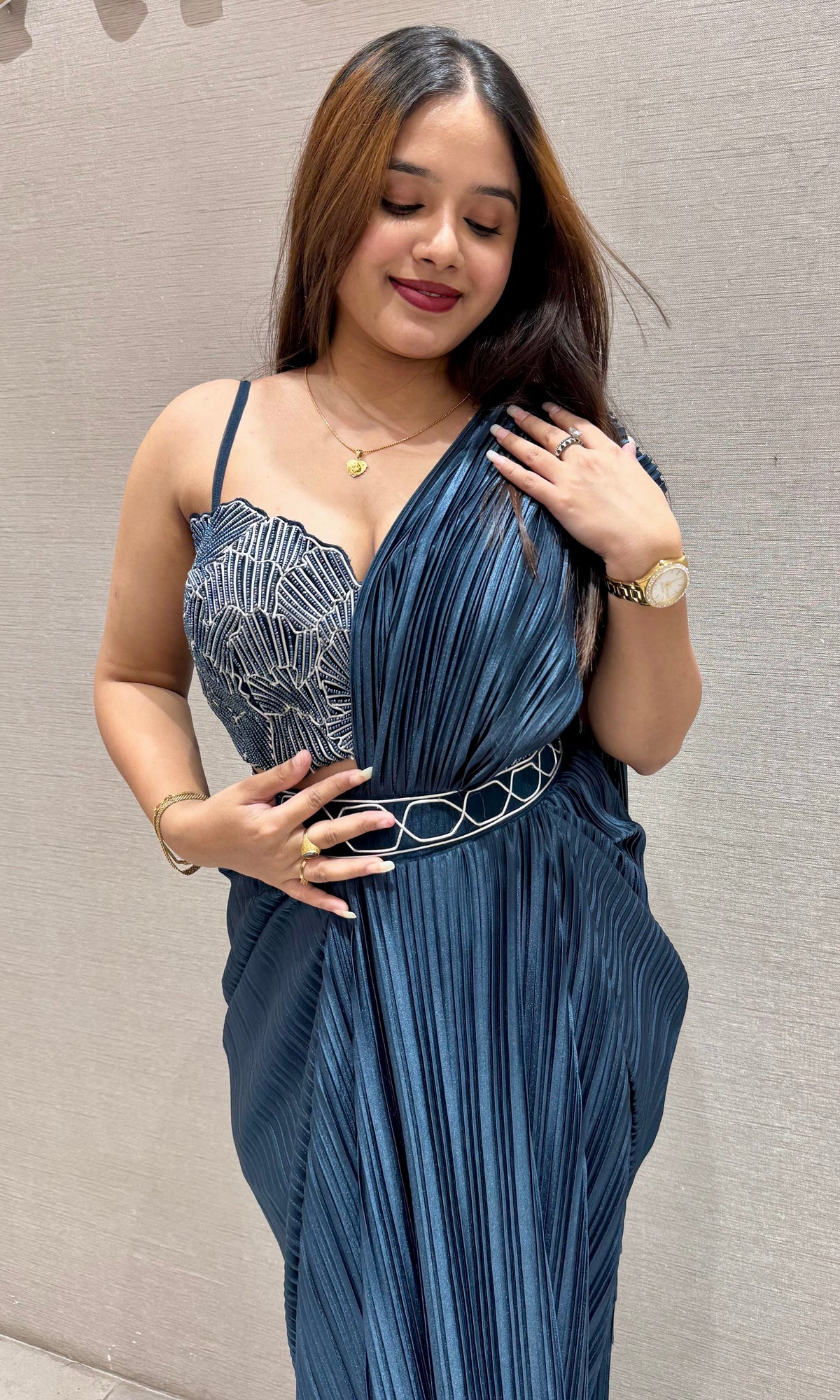 Peacock blue drape saree with Cape