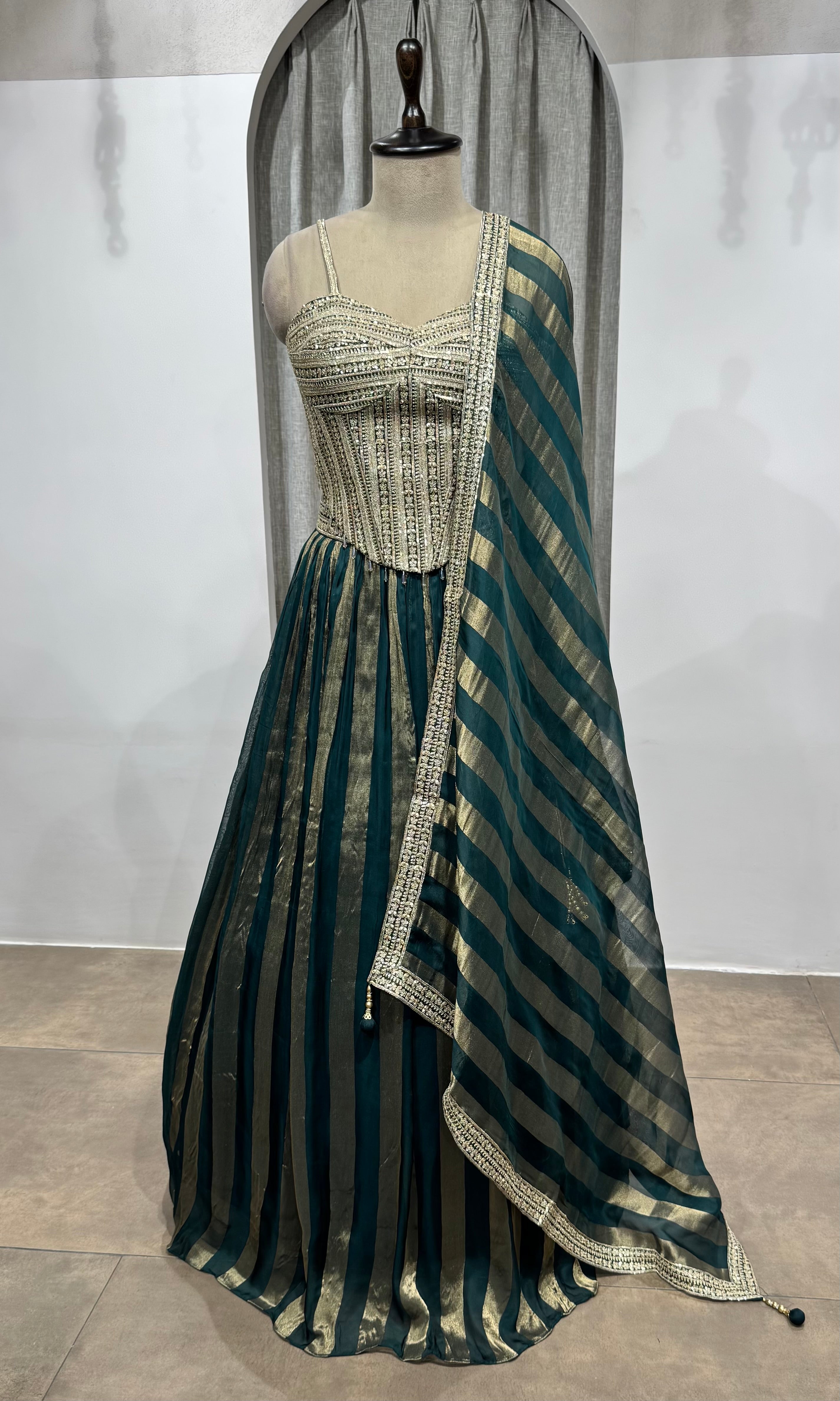 green and gold striped corset lehenga