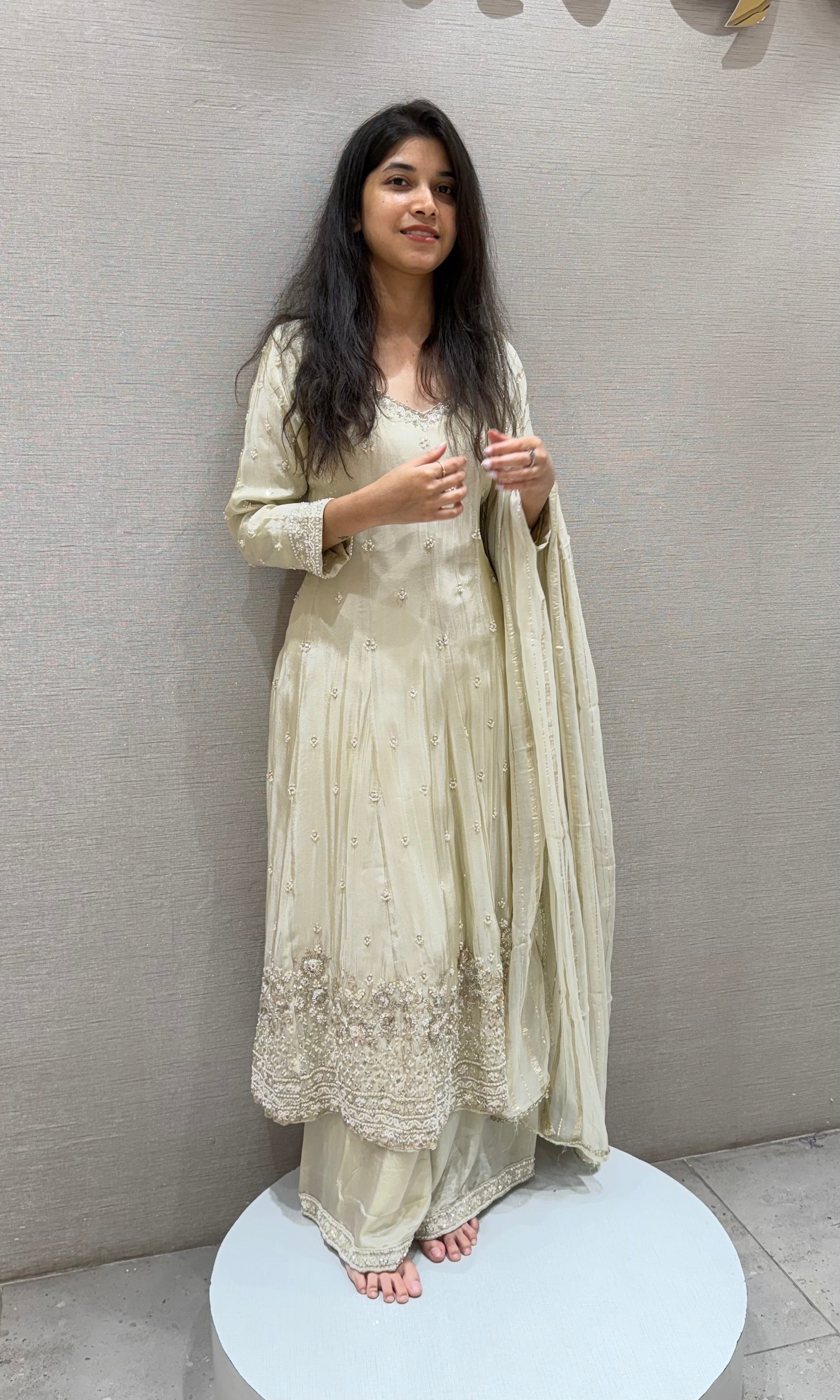 Half white FLORAL EMBROIDERED ANARKALI