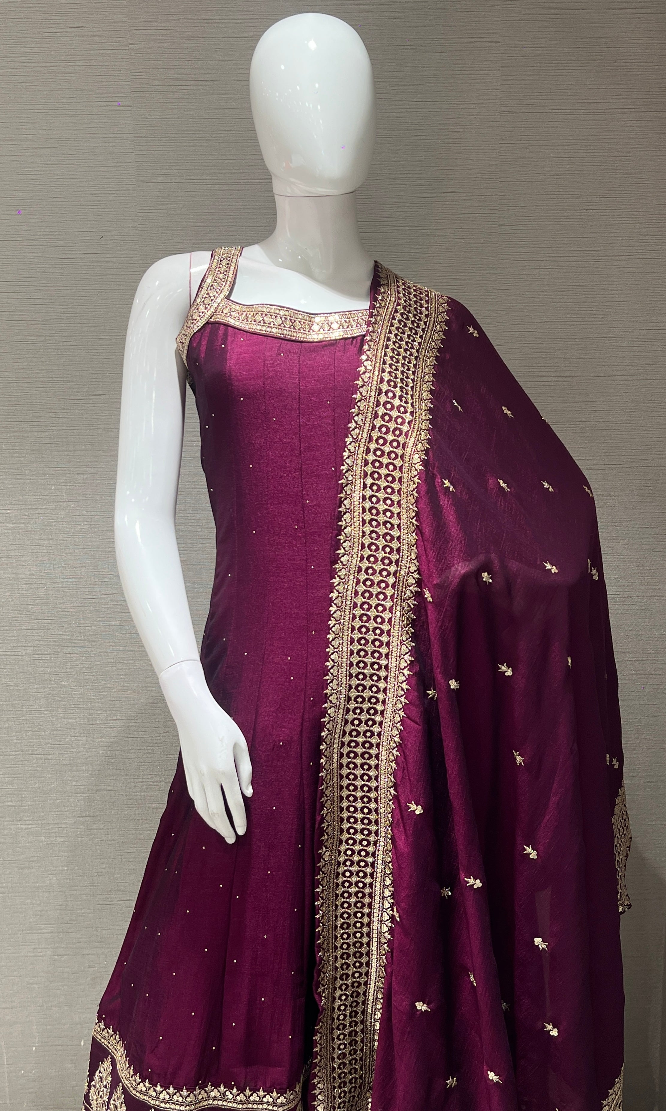 Wine anarkali set with gold embroidery
