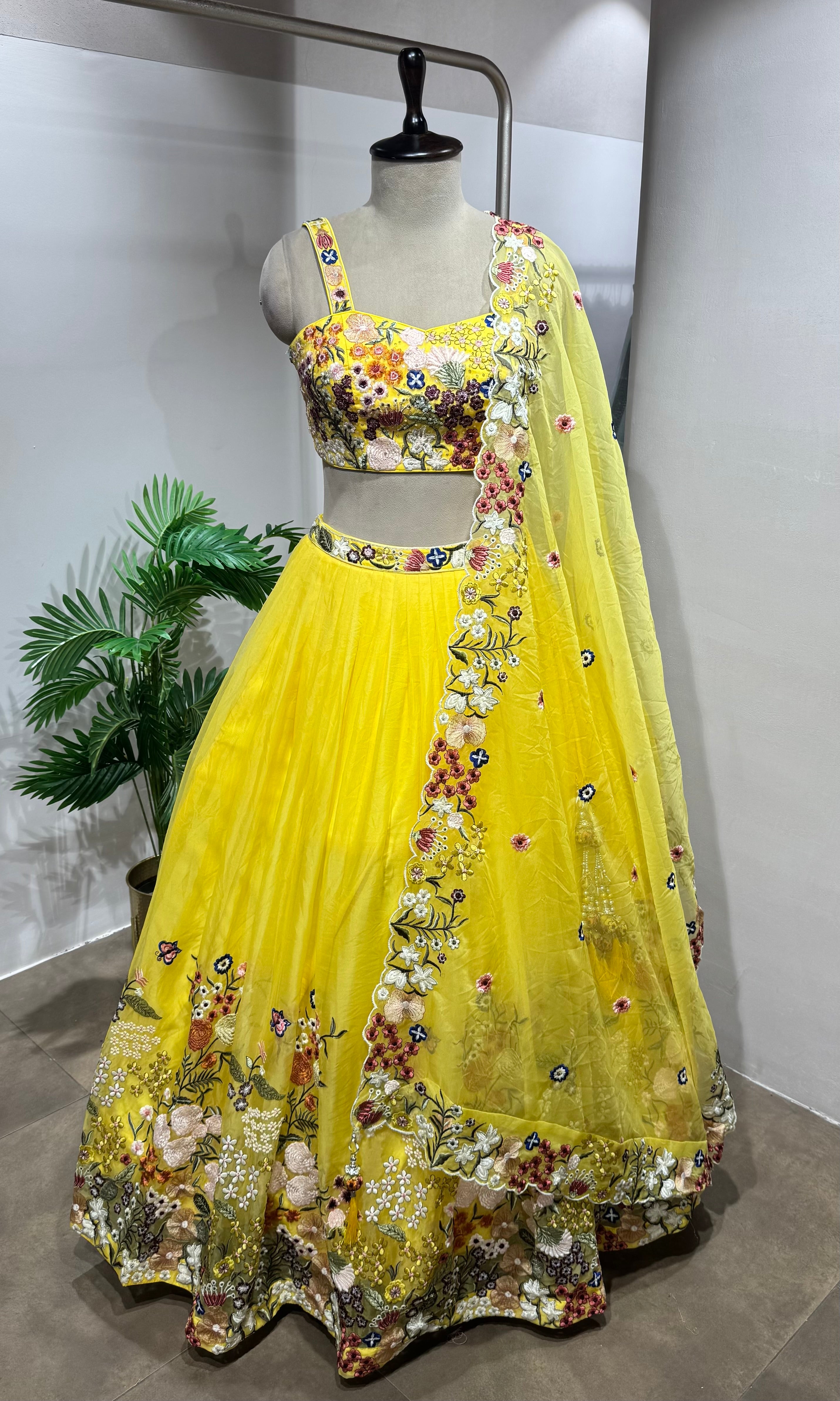 yellow floral embroidered lehenga set