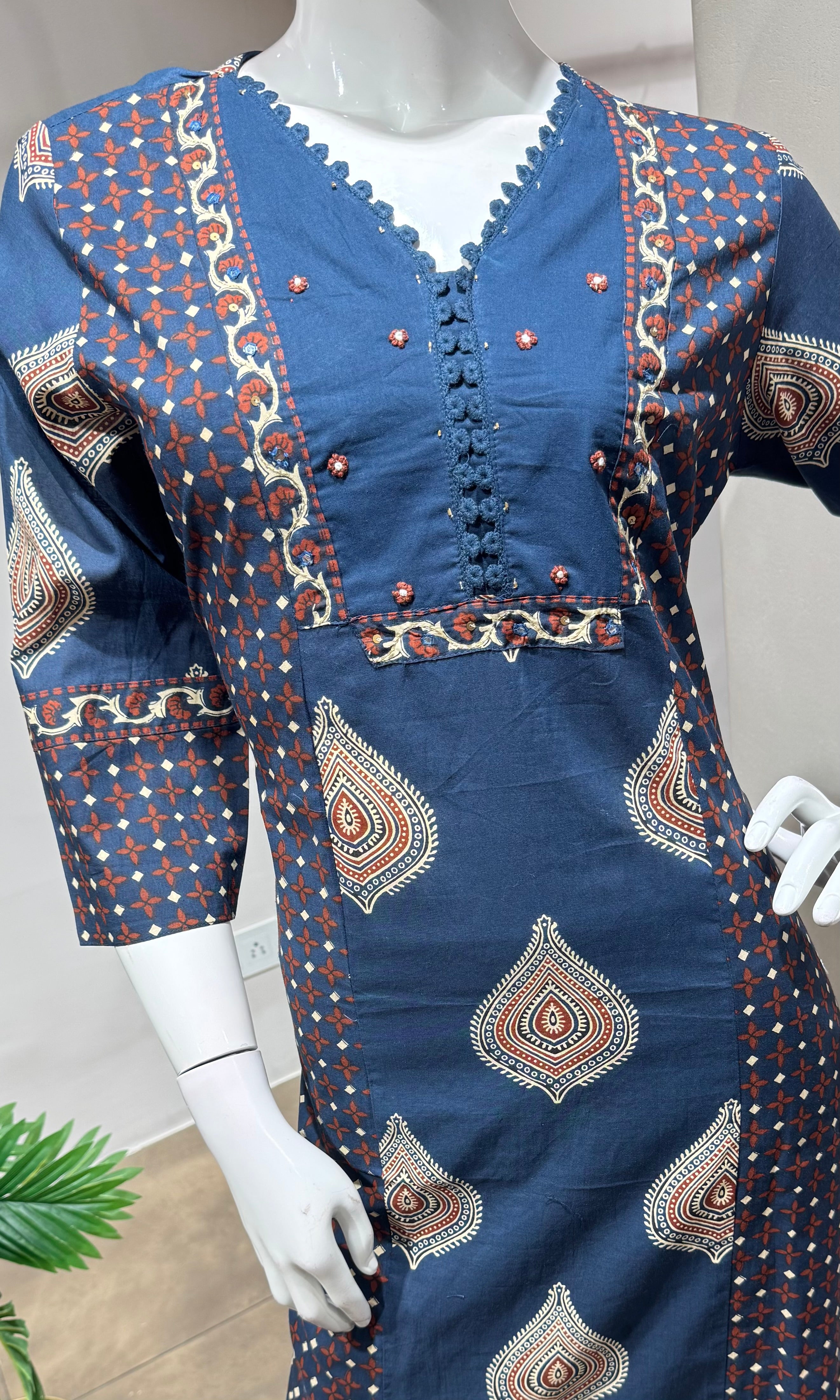Navy blue block print design kurta set