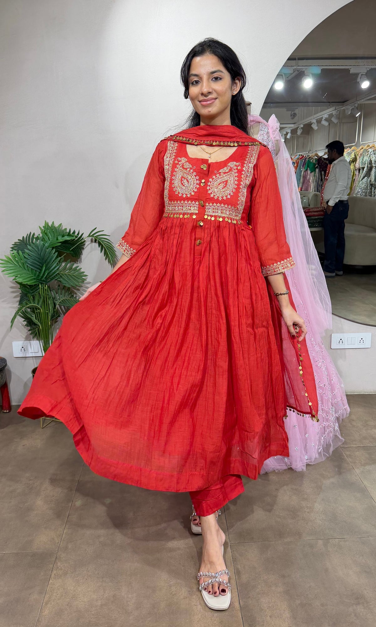 RUST MUL CHANDERI KURTA SET WITH DUPATTA