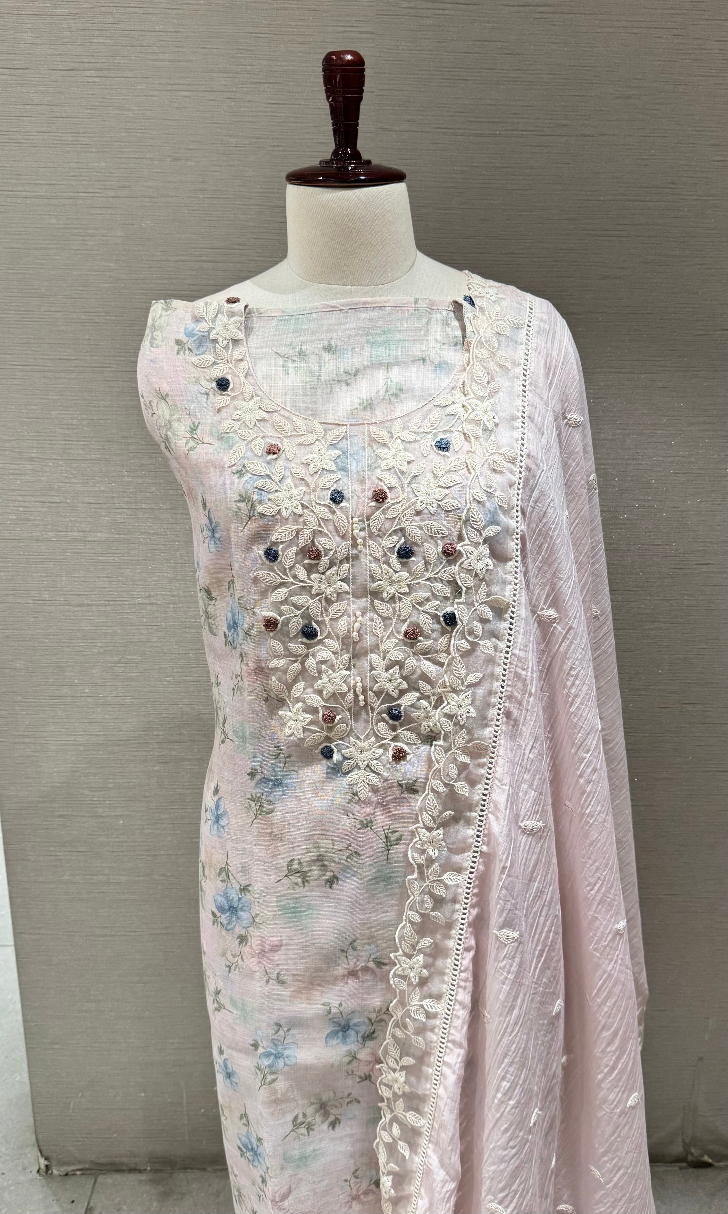 pink floral printed Chikankari Dress material