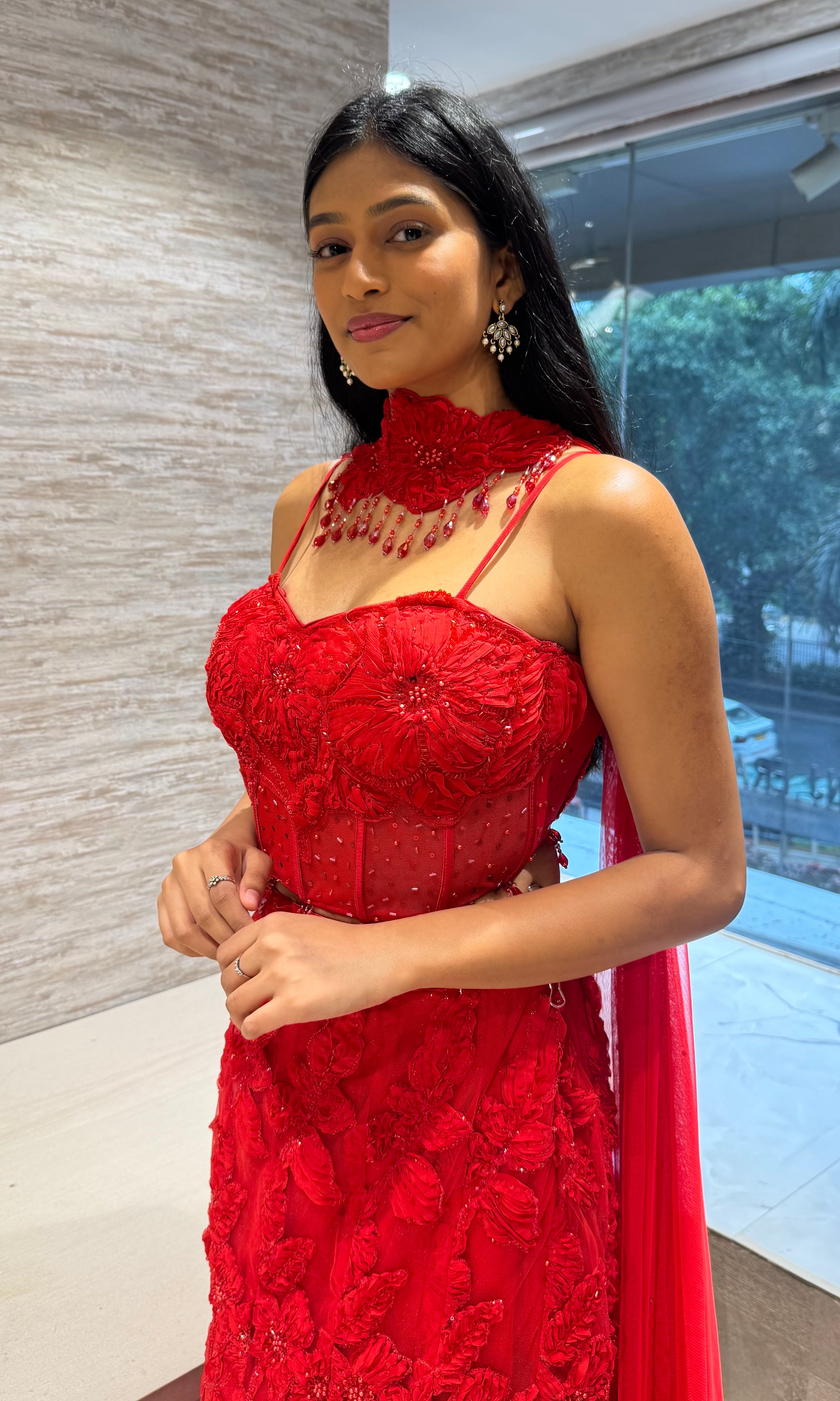 Crimson Red Floral Fish Lehenga set