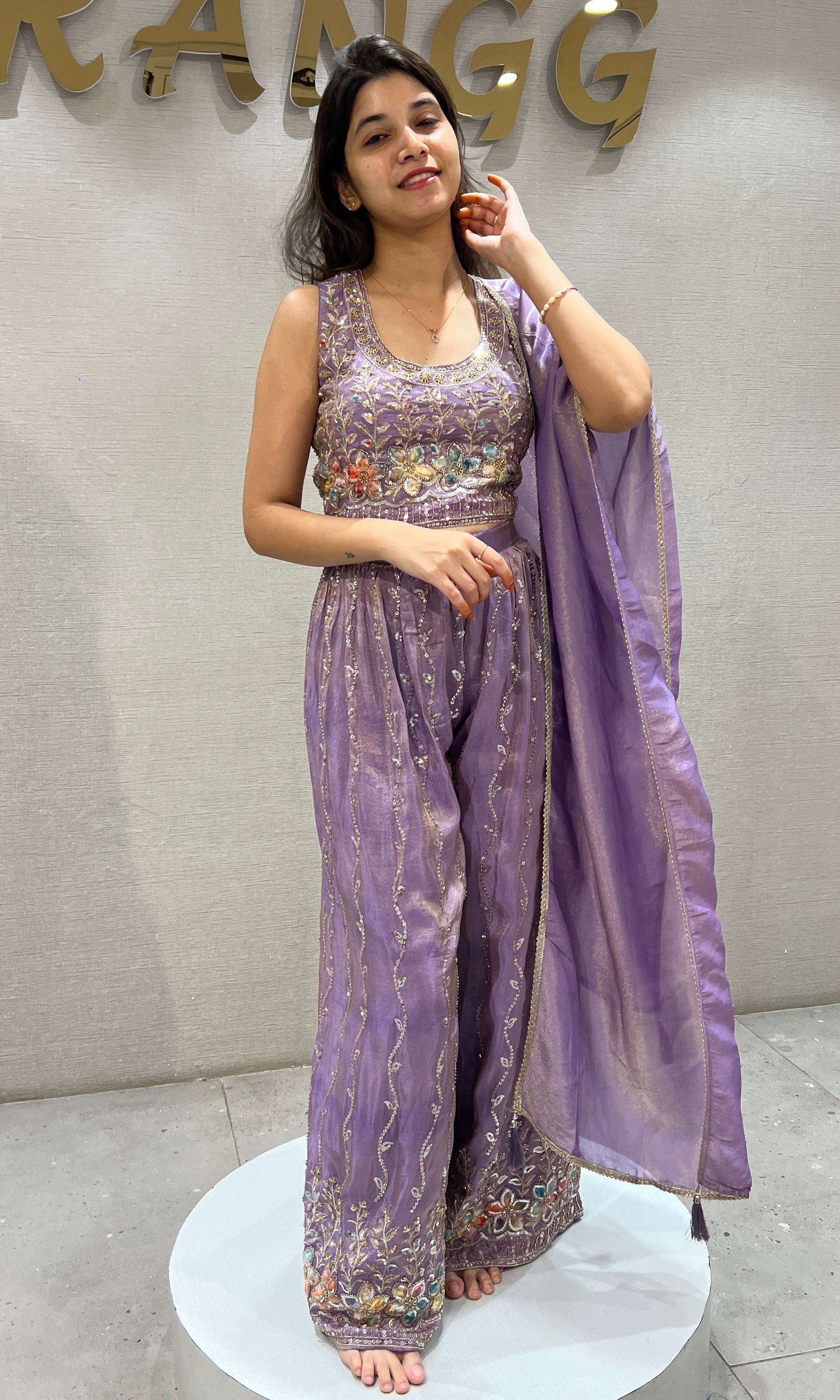 Lilac Embroidered Crop Top Palazzo & Dupatta Set