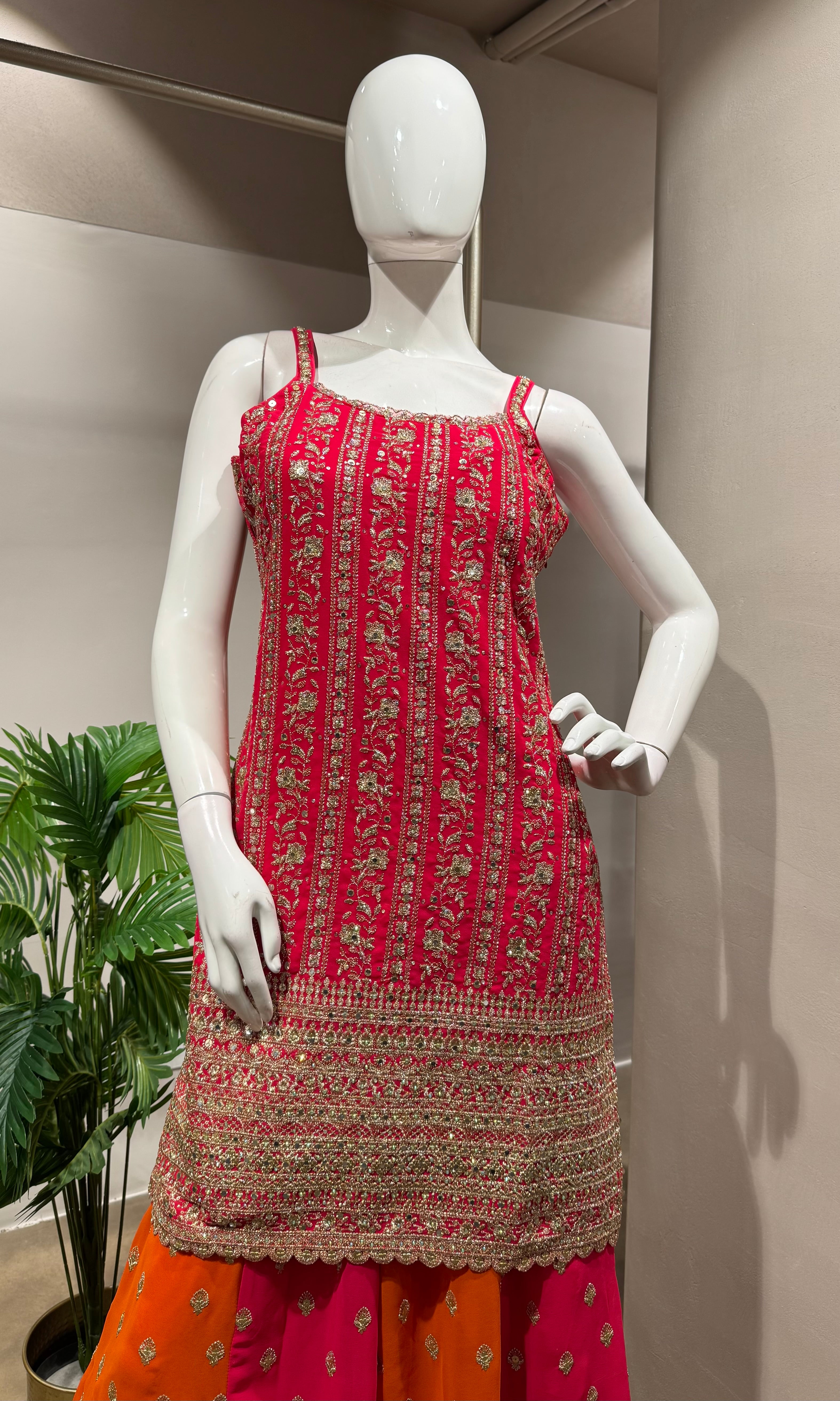 PINK AND ORANGE EMBROIDERED SHARARA SET