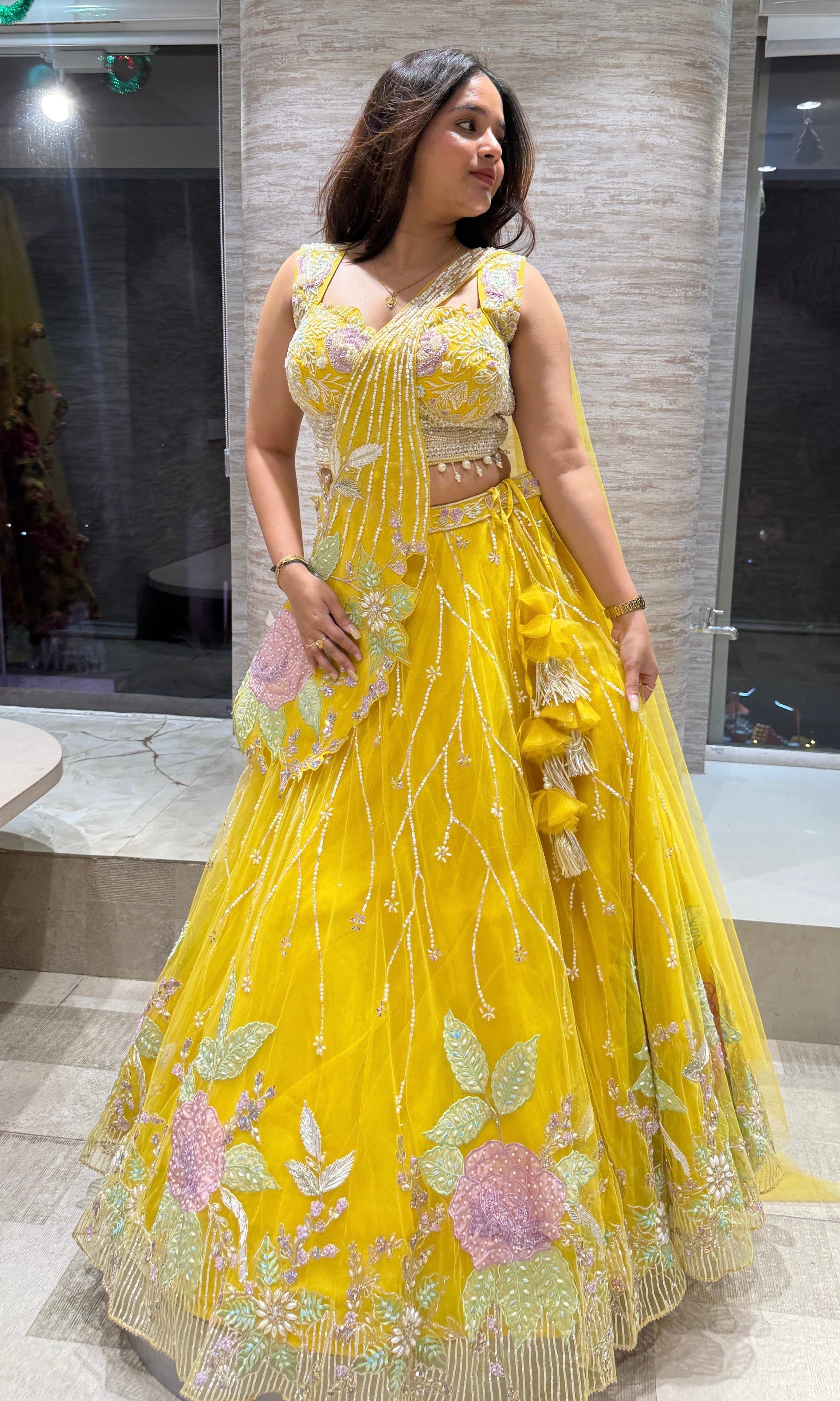 Yellow floral Crystal Embellished Lehenga