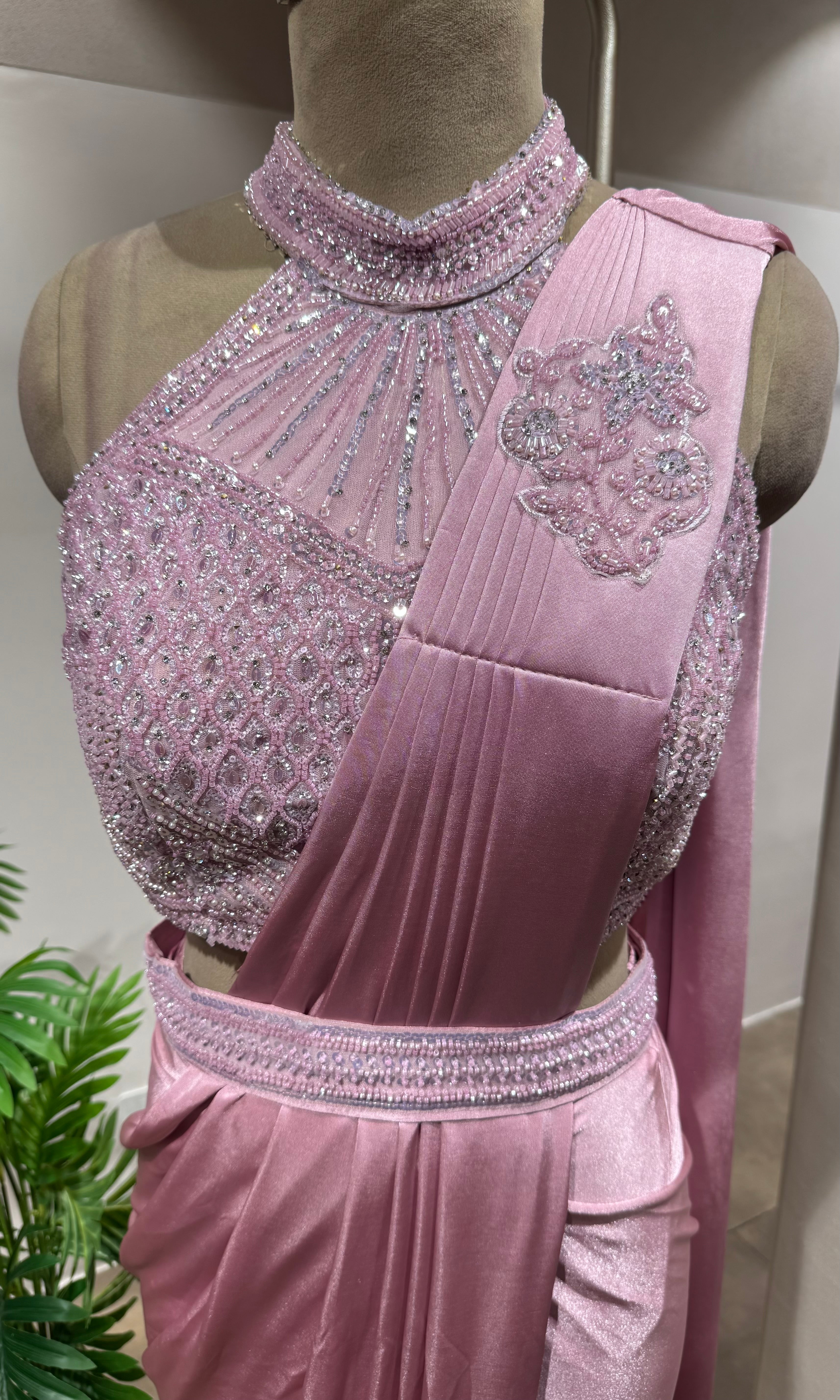 Pink Drape Saree with High Neck Blouse