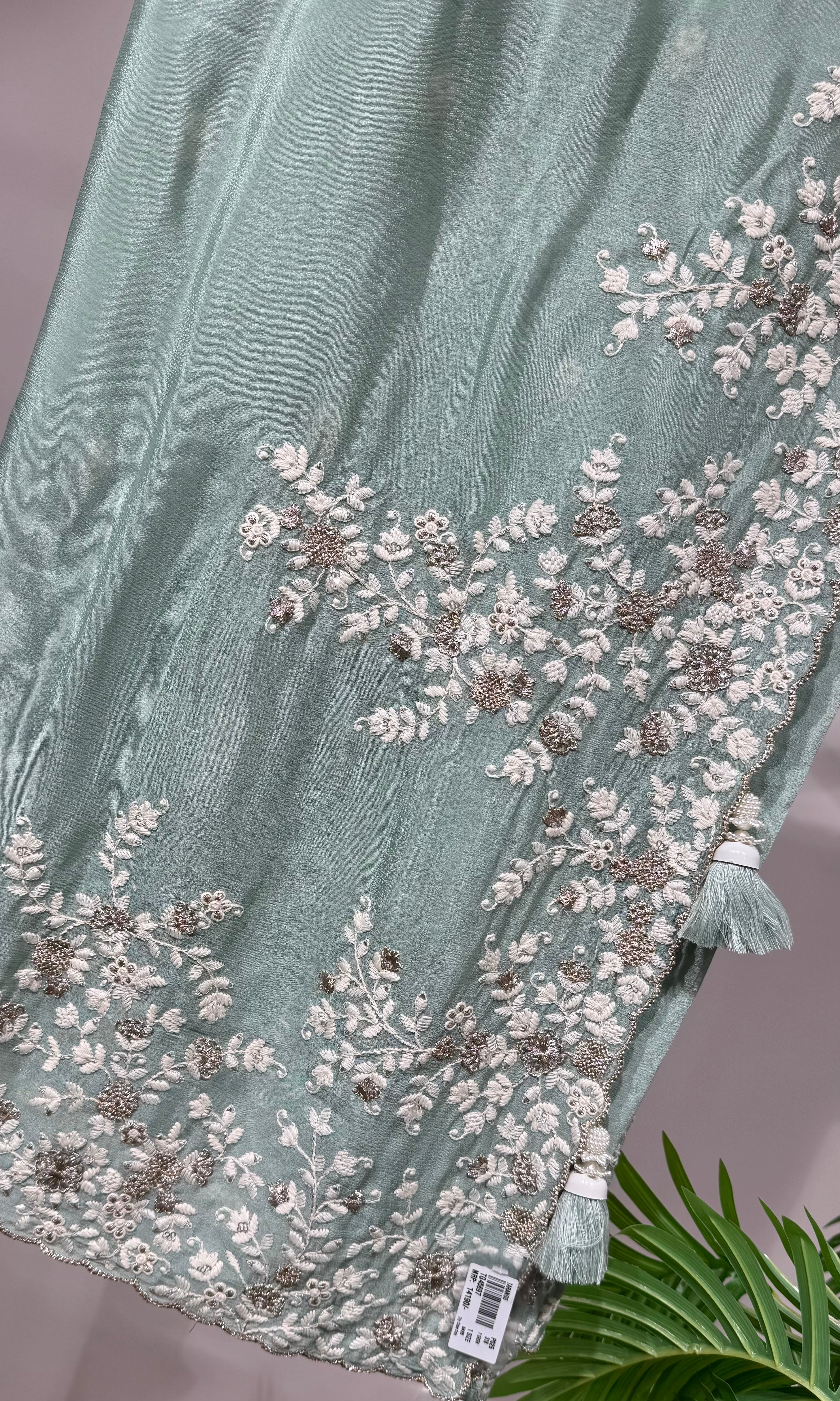 Pista green Floral Embroidered SAREE