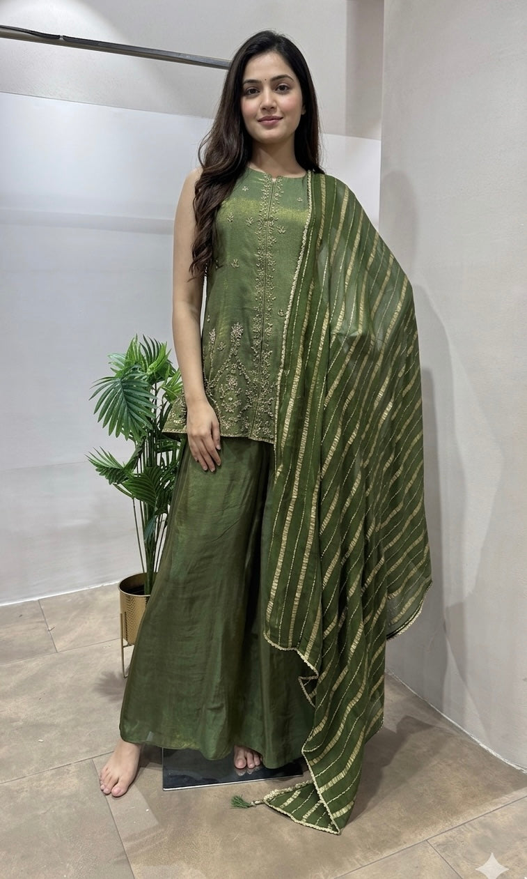 Green gold embroidered palazzo set