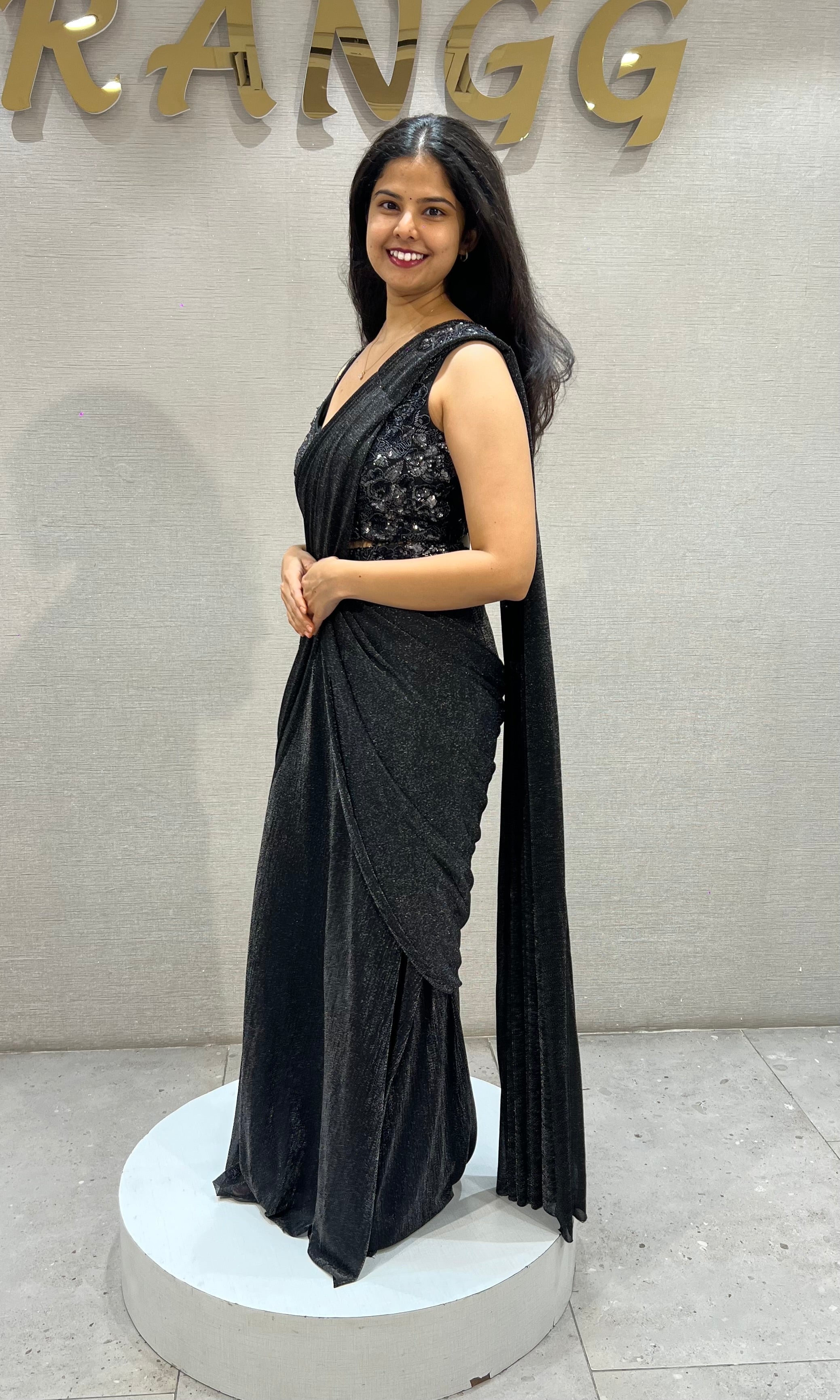 Black Shimmer Georgette Drape Saree with Velvet Blouse