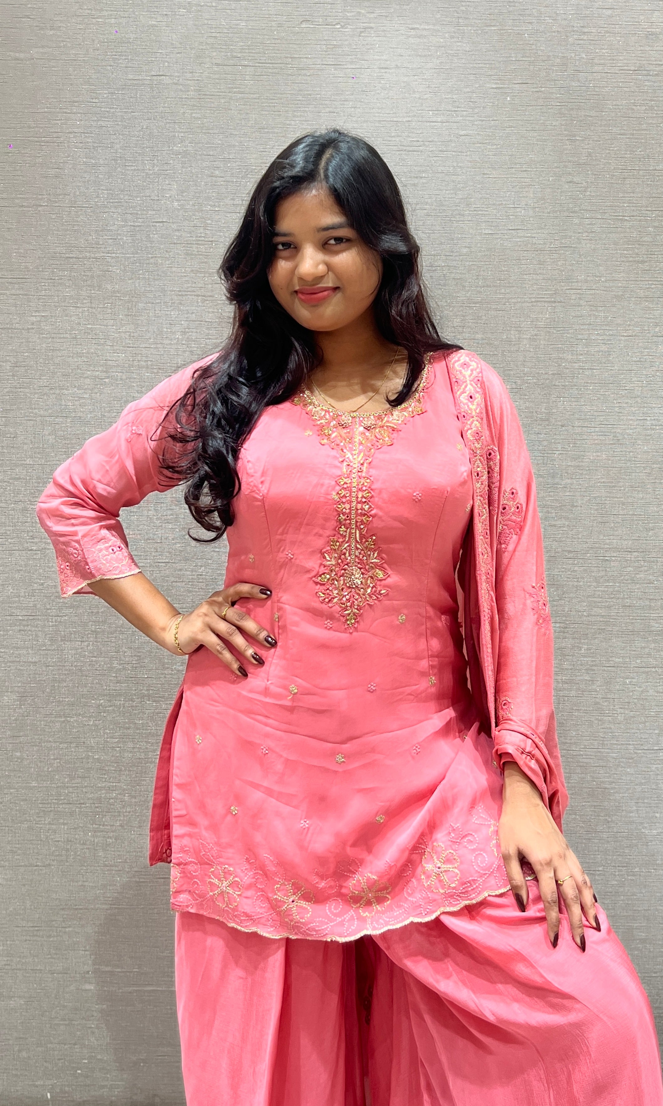 Peach Pink Embroidered Palazoo Set