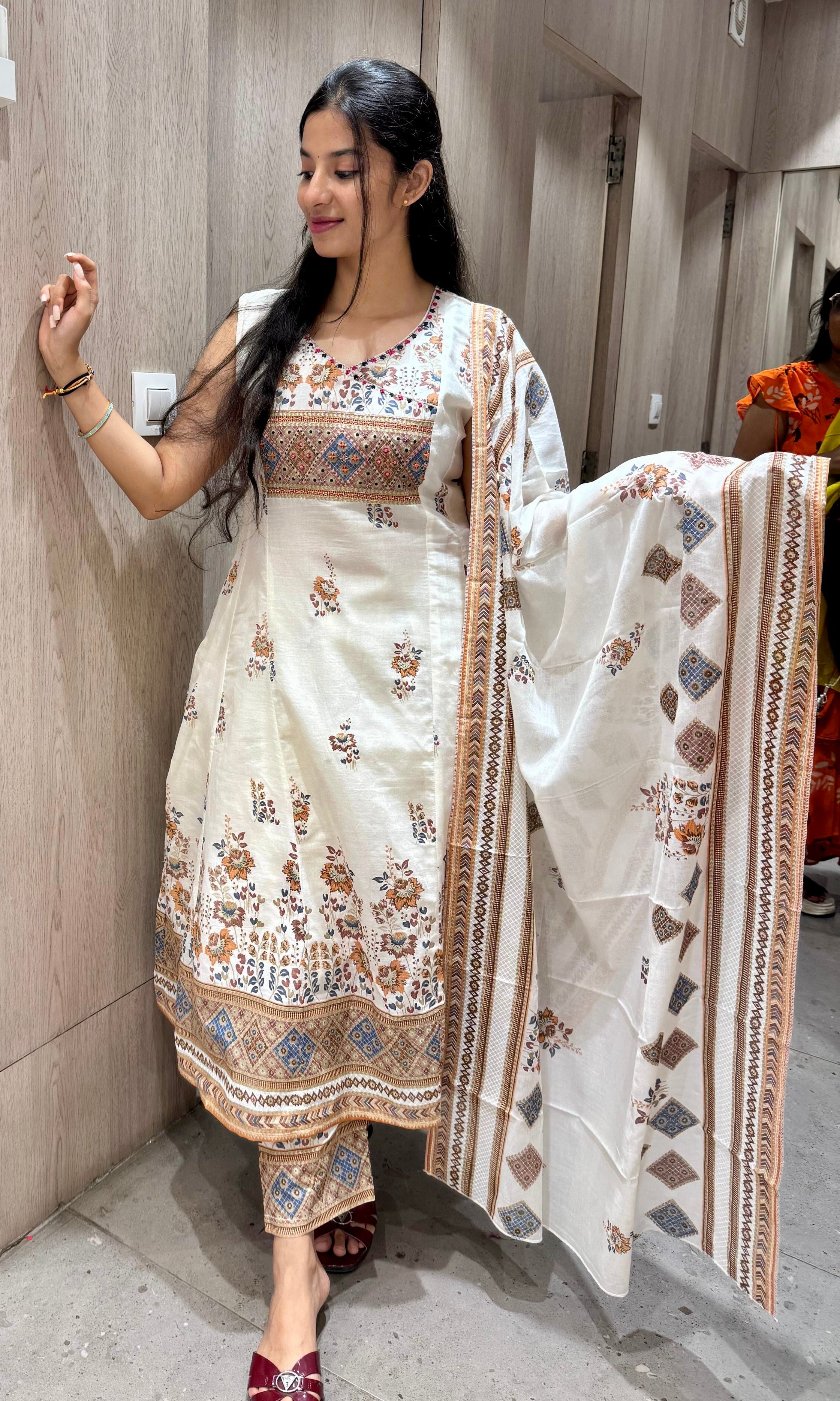 Off-White Block Print Cotton Anarkali with Pant & Dupatta (k222)