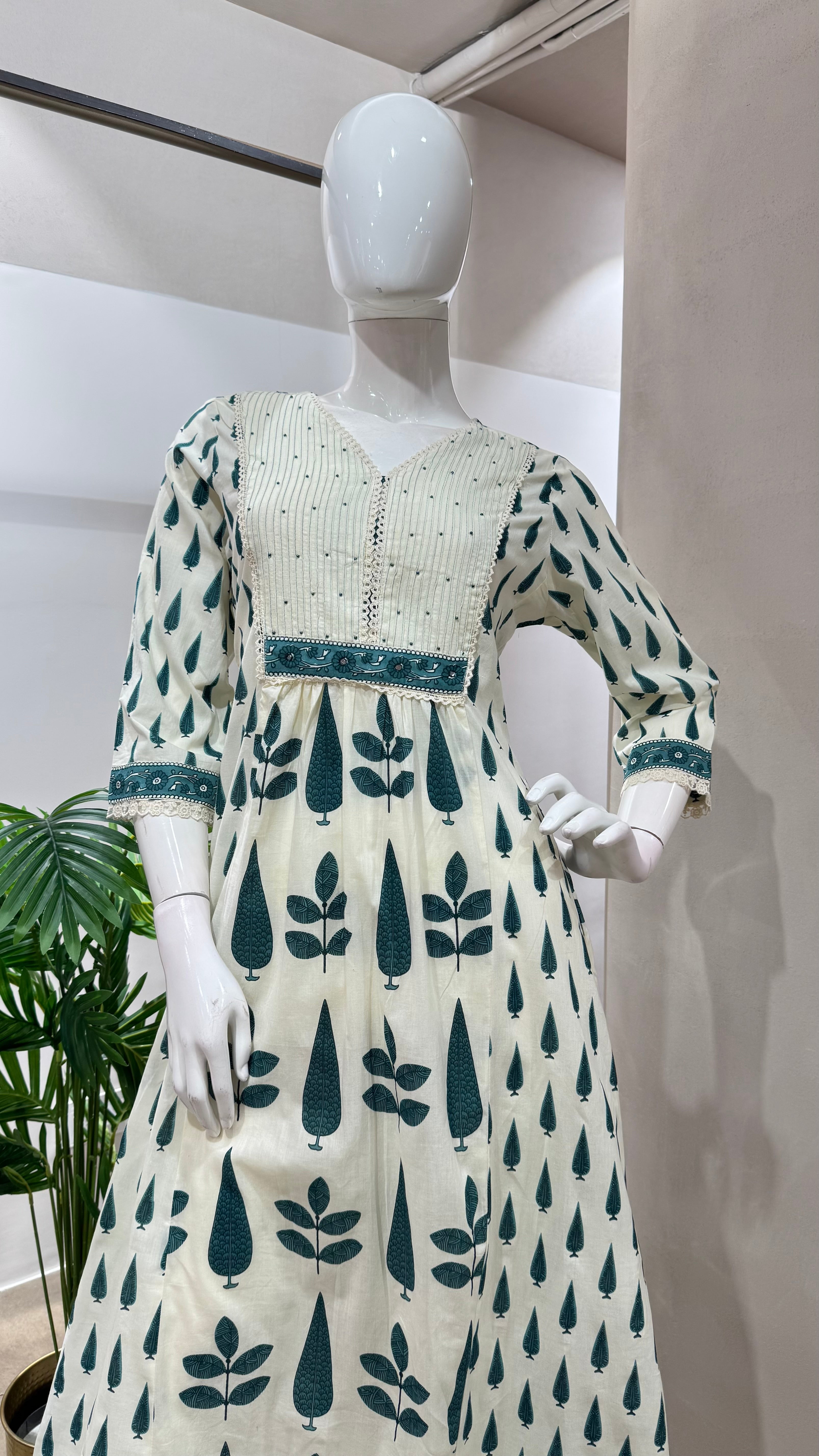 GREEN and white ethnic printed anarkali set