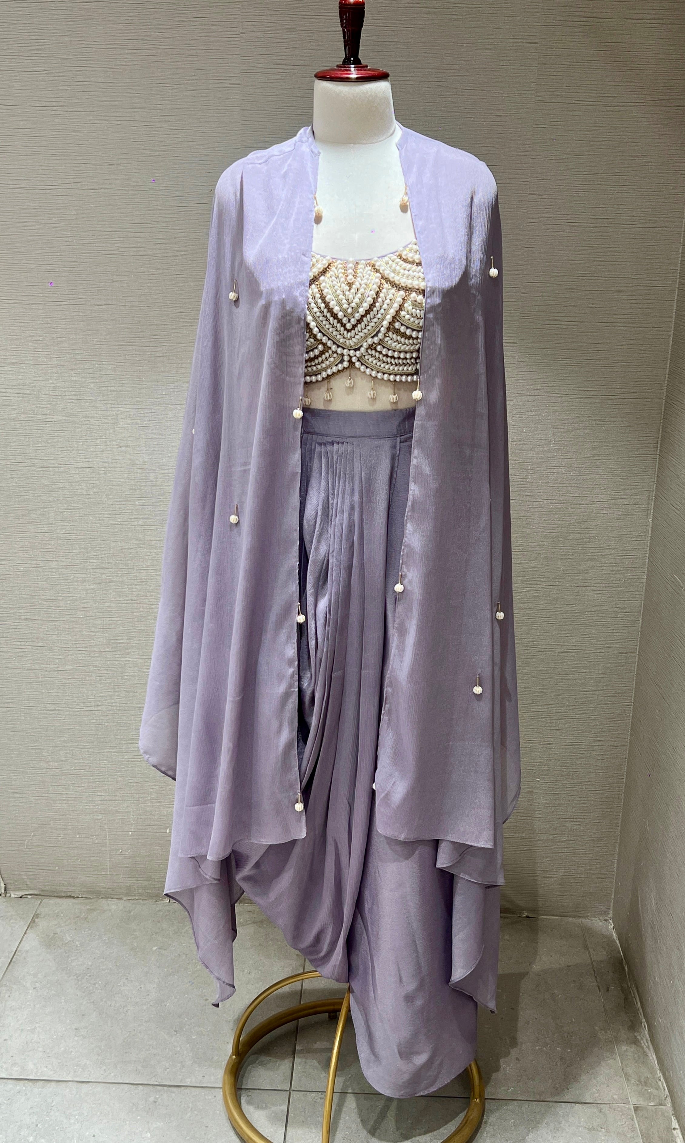 Pearl embellished lilac cape indo western dress
