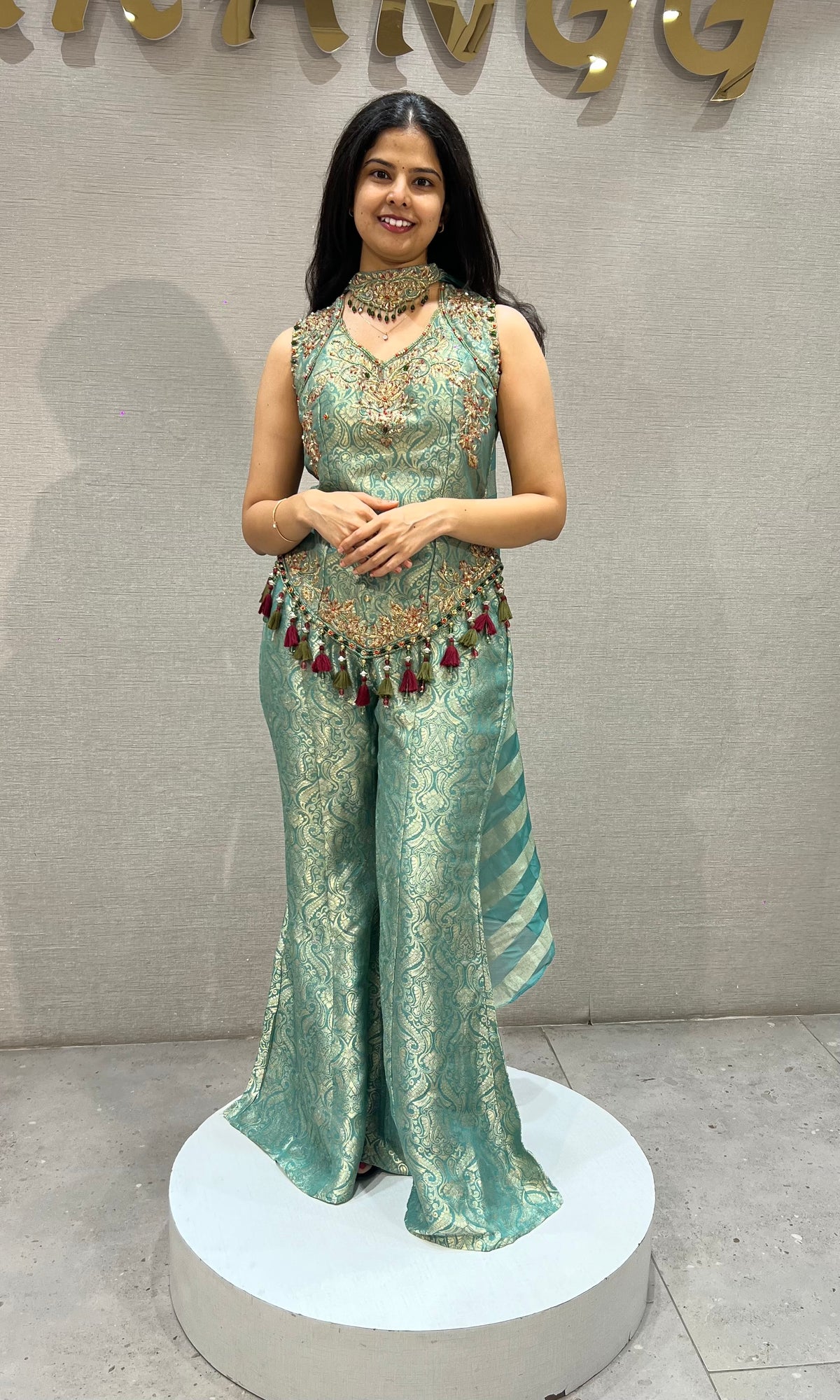 Green Gold Floral Banarasi Silk Brocade Peplum palazzo set