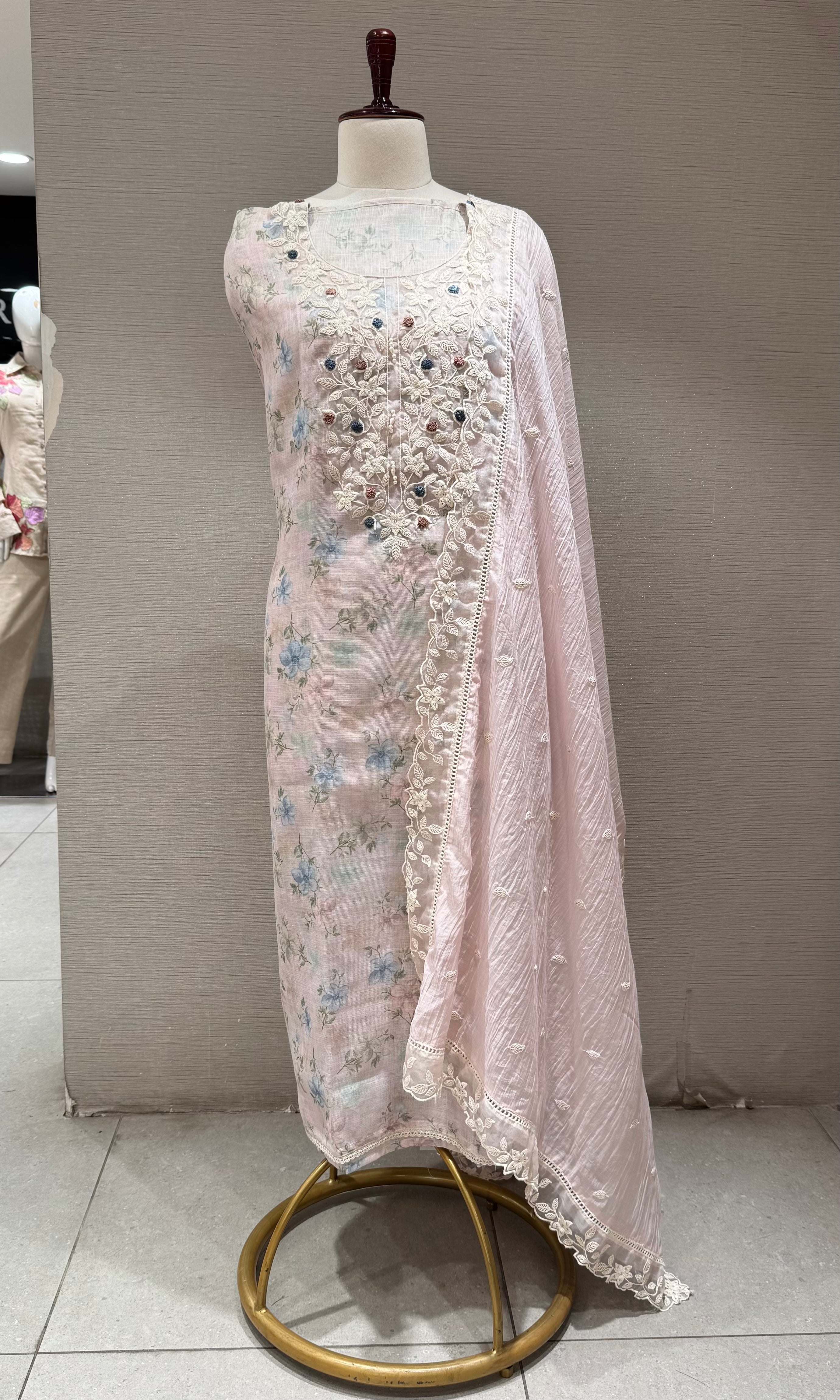 pink floral printed Chikankari Dress material