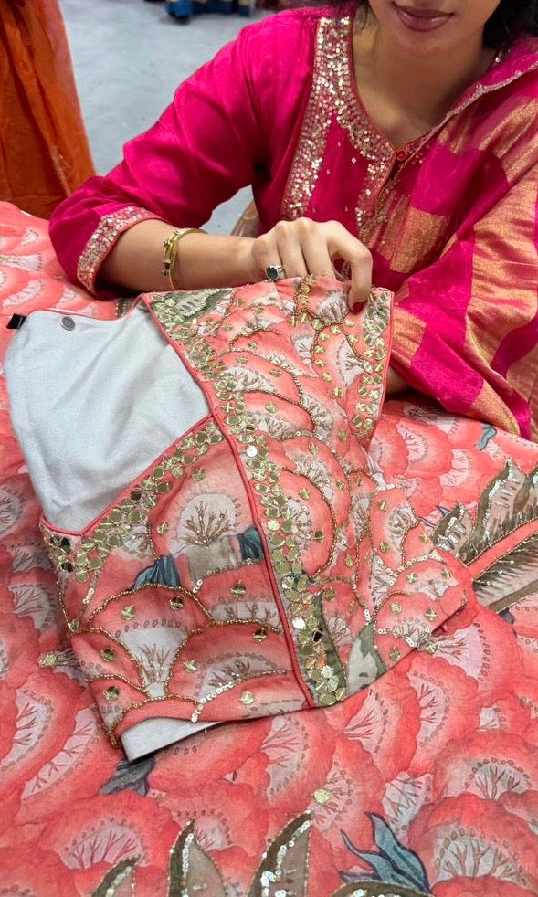 Peach floral print saree with ready blouse