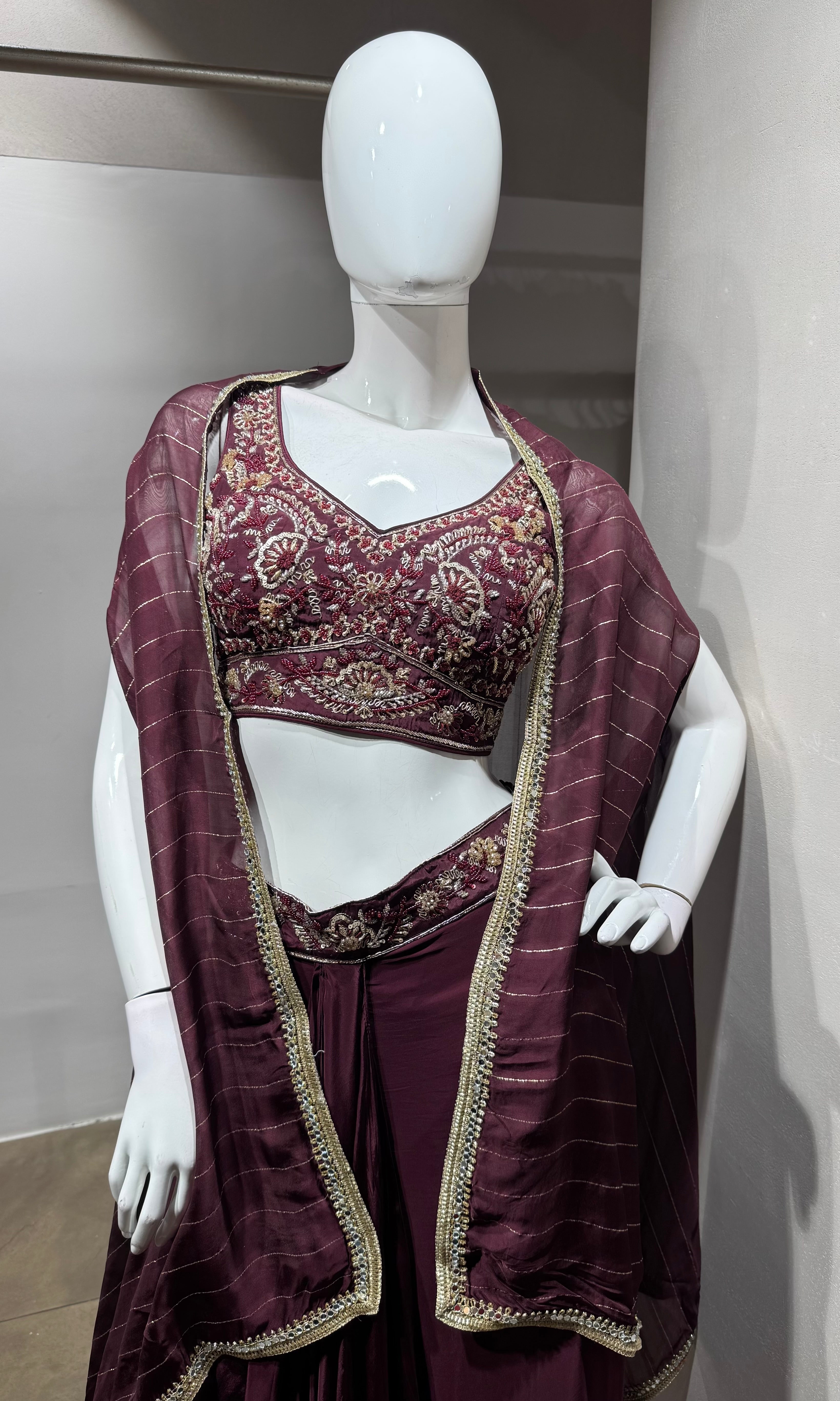 WINE SILK DRAPE SKIRT WITH CAPE AND CROP TOP