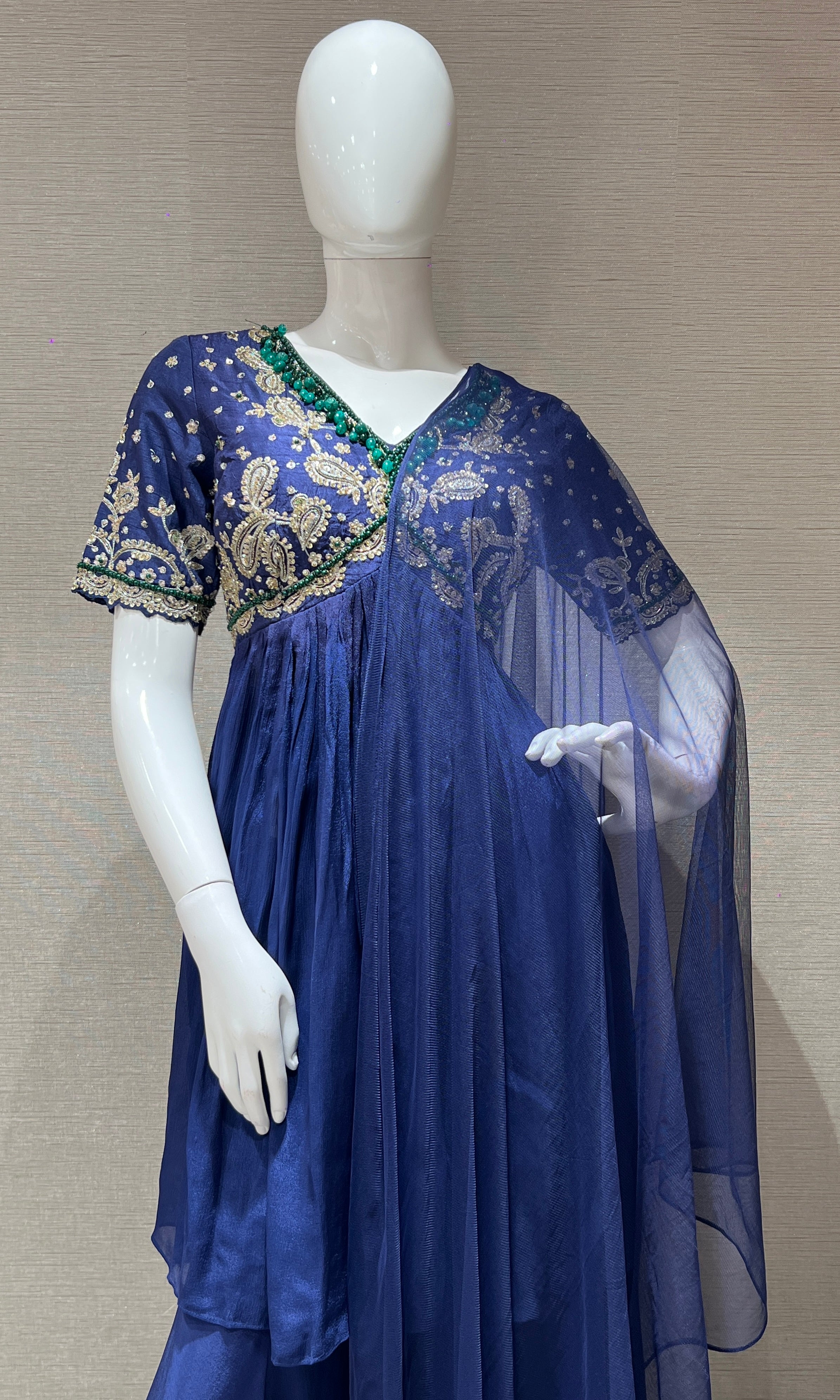 Blue palazzo with embroidered peplum top