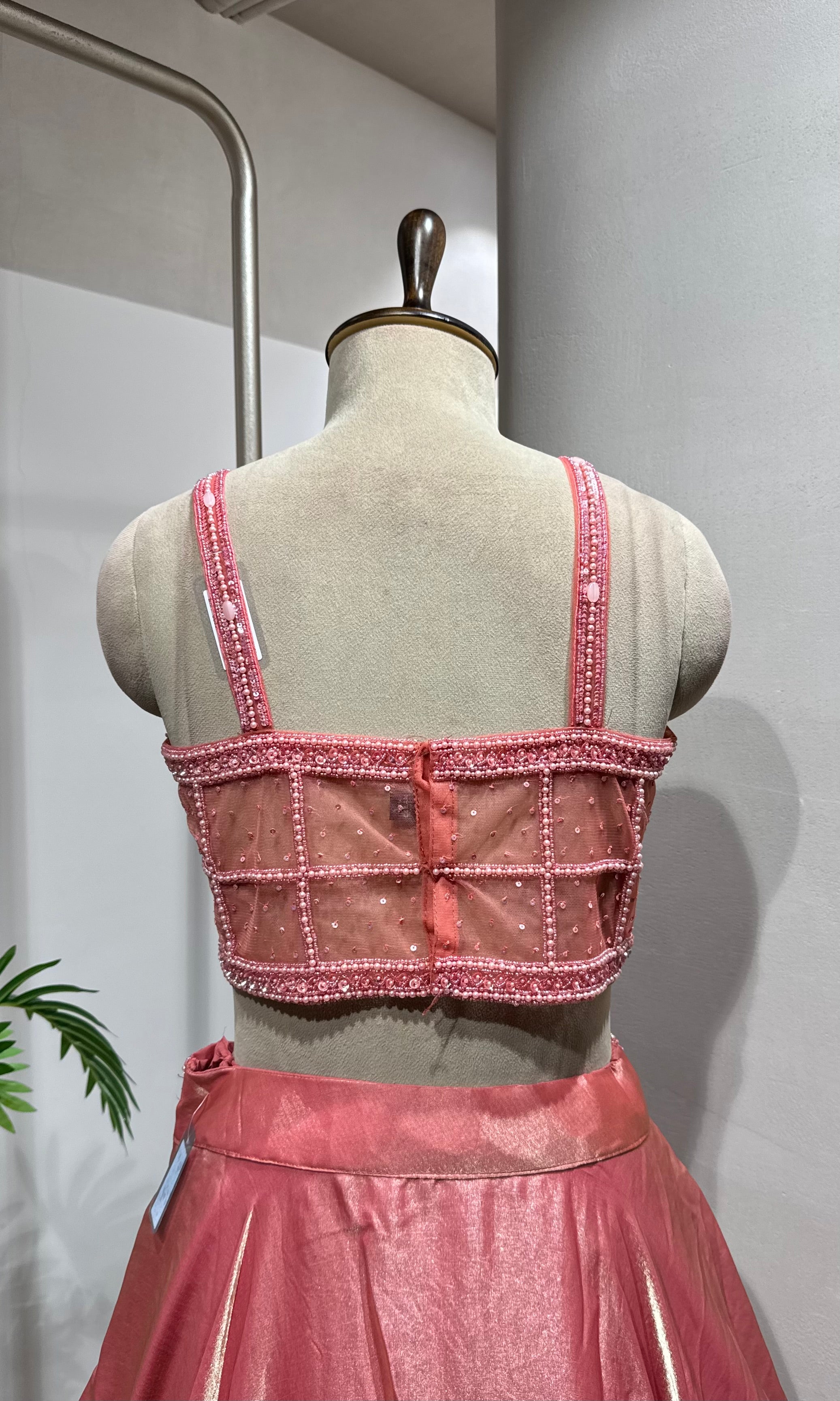 pink shimmer silk corset blouse lehenga