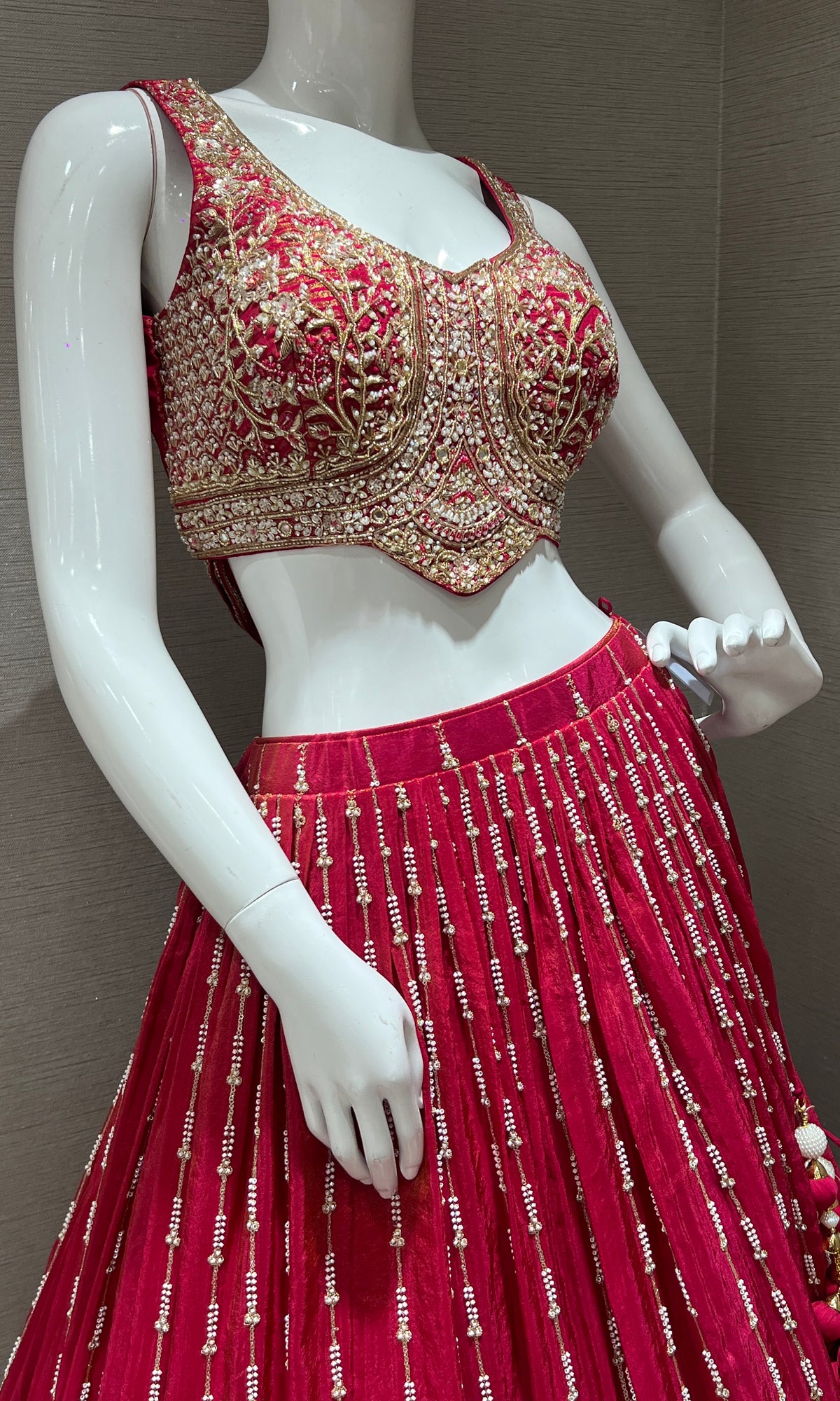 Bright red maroon tissue Embroidered Lehenga