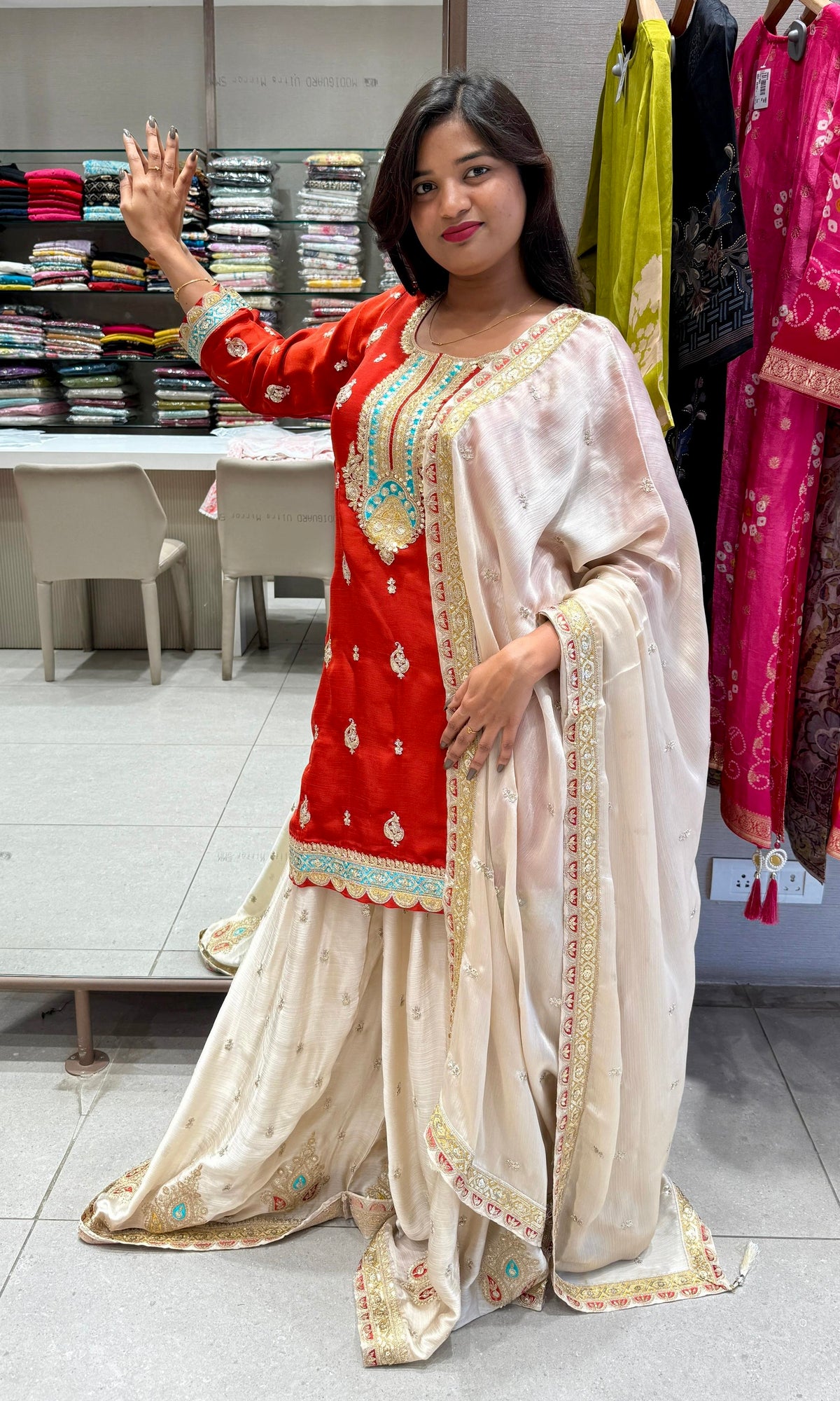 Rust and Ivory enbroidery Sharara Set
