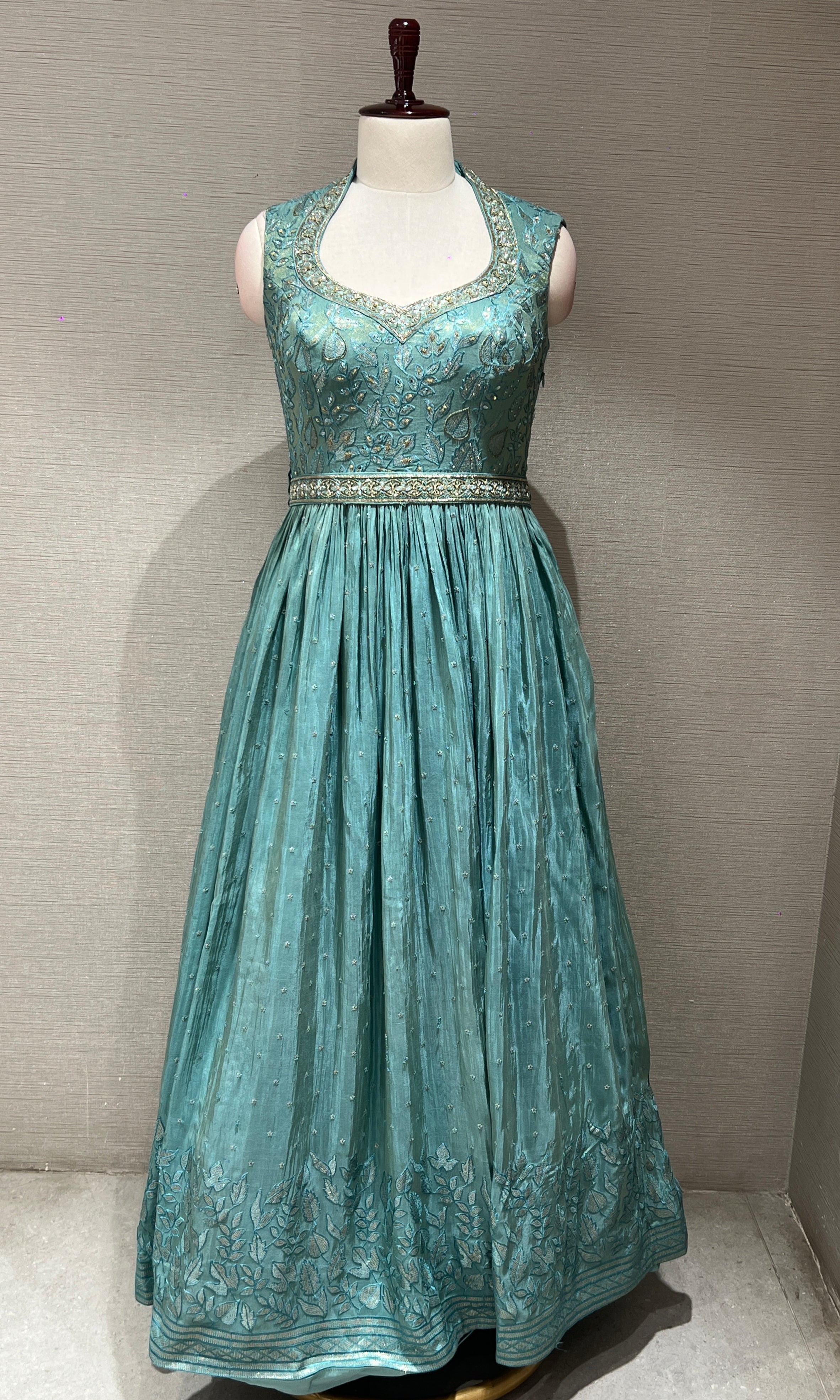 Sea green long anarkali with gold embroidered