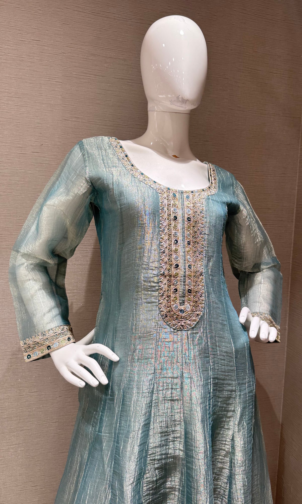 blue embroidered Tissue anarkali Set with floral dupatta