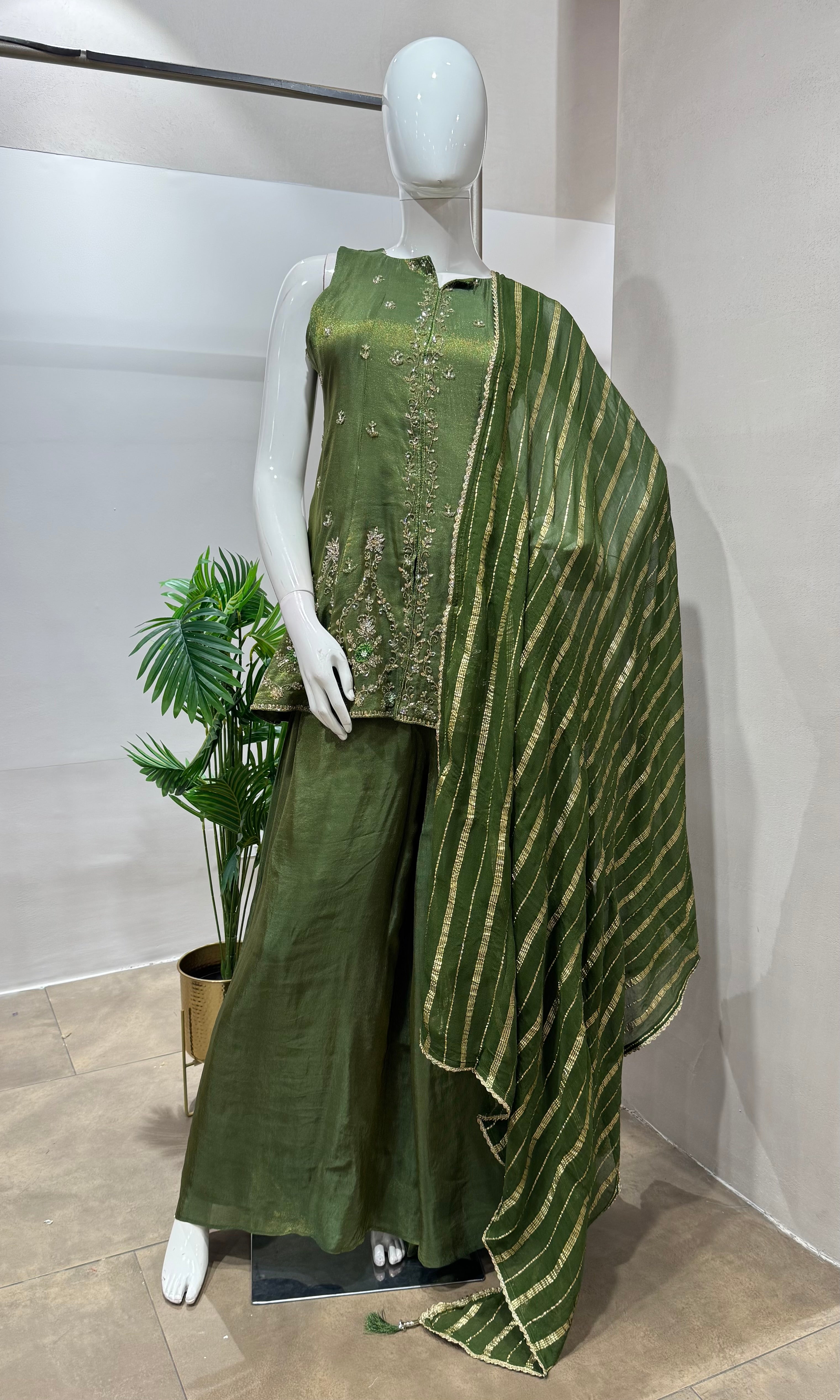 Green gold embroidered palazzo set