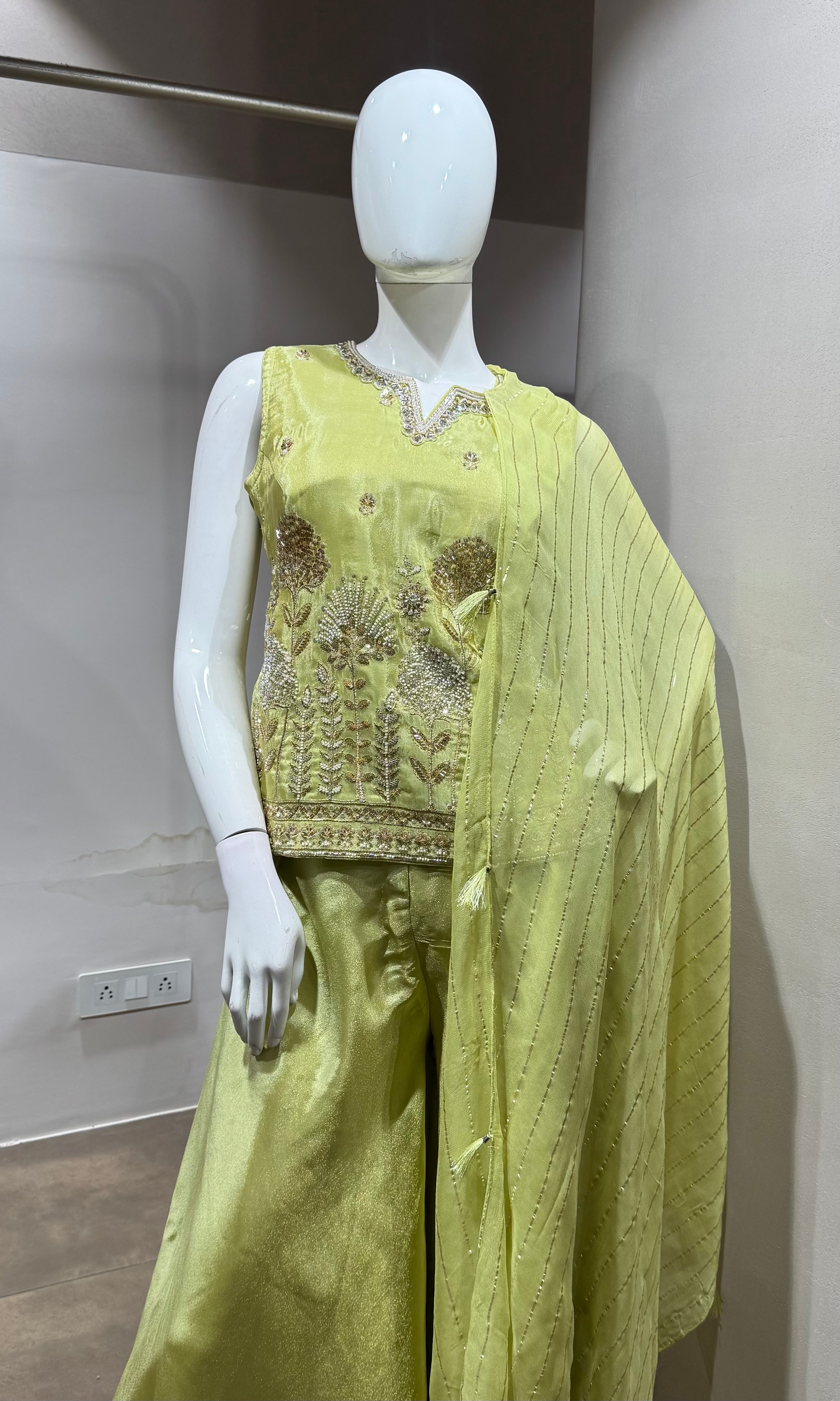 Pista green embroidered peplum palazzo set