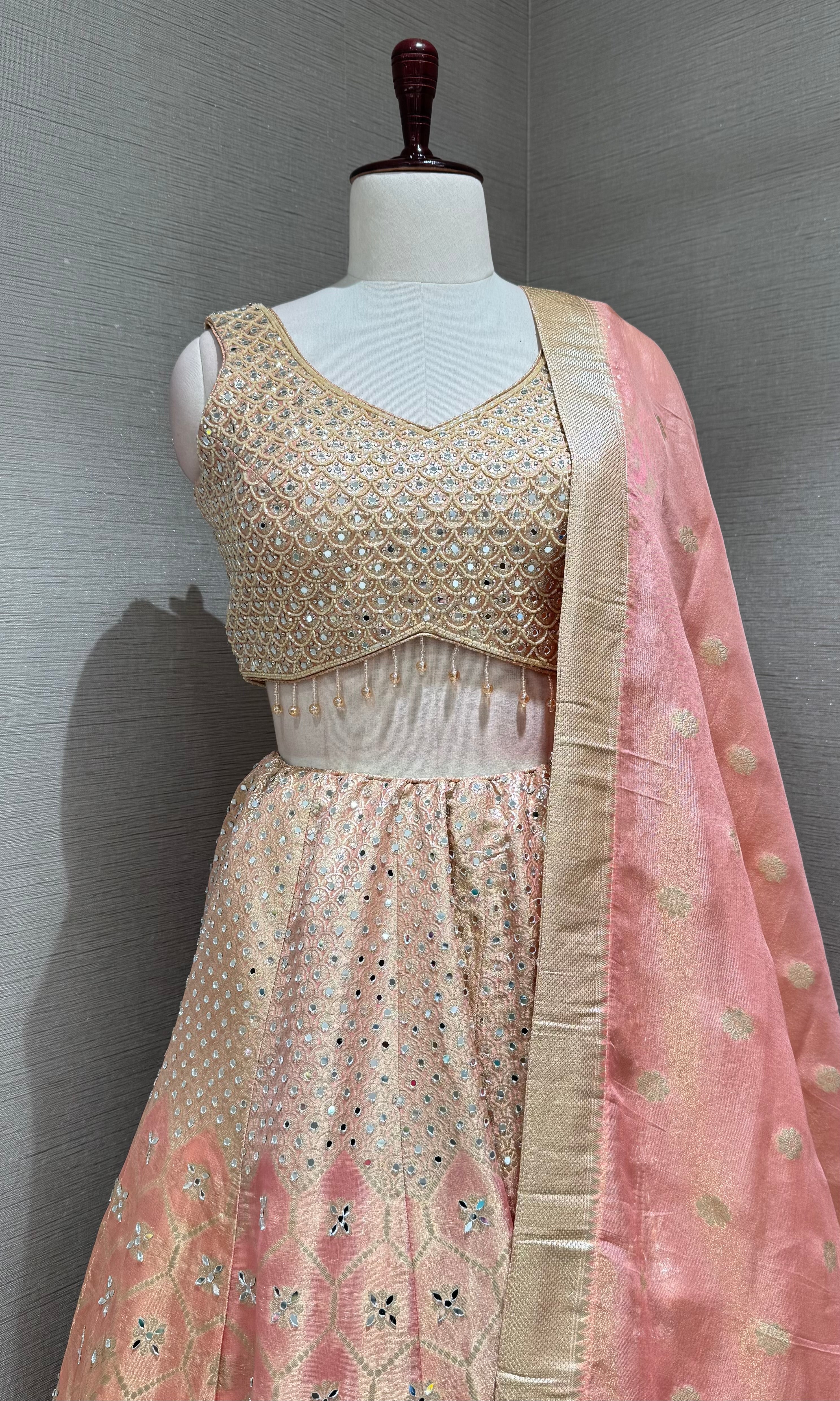 Peach and Gold Embroidered Lehenga Choli Set with Dupatta