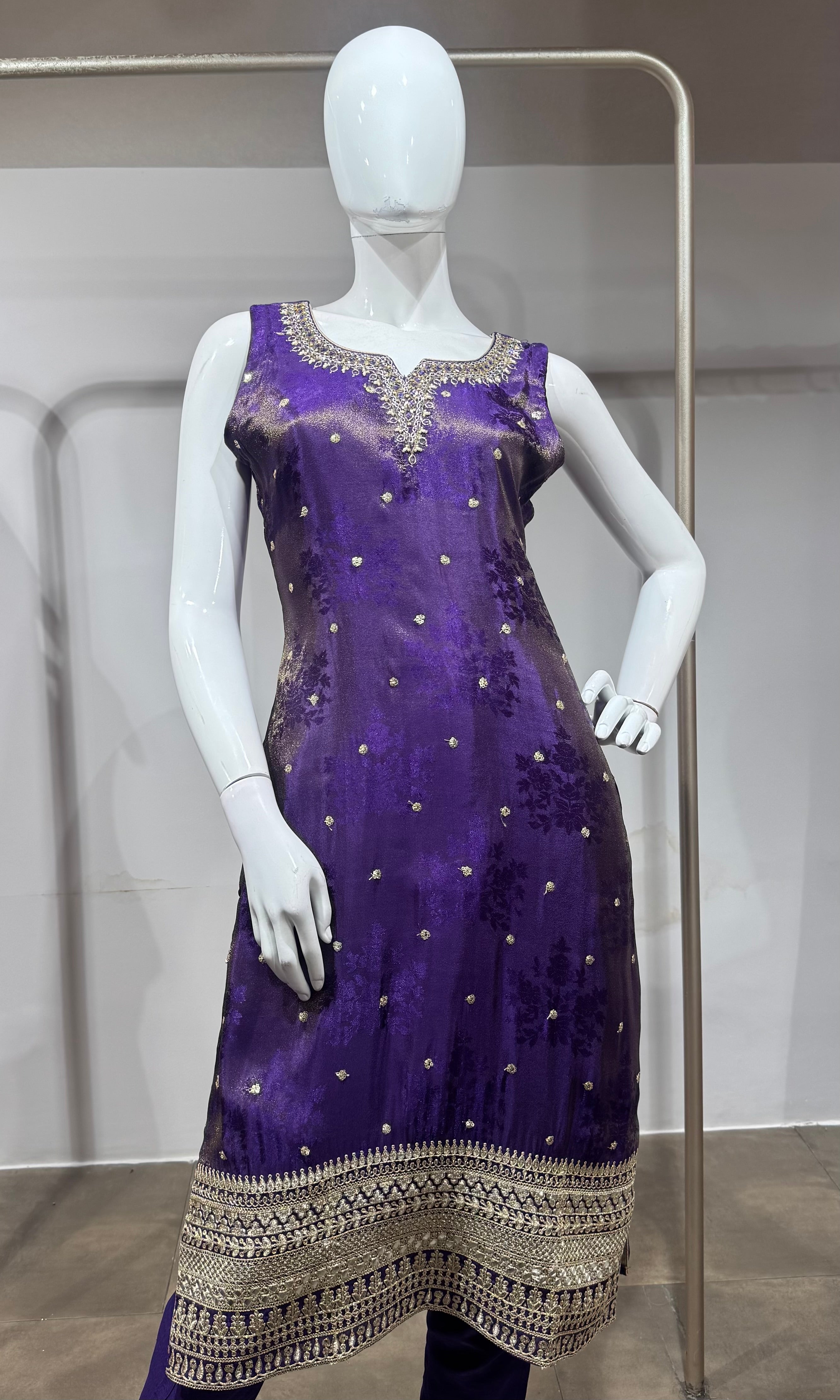 purple and gold embroidered kurta set