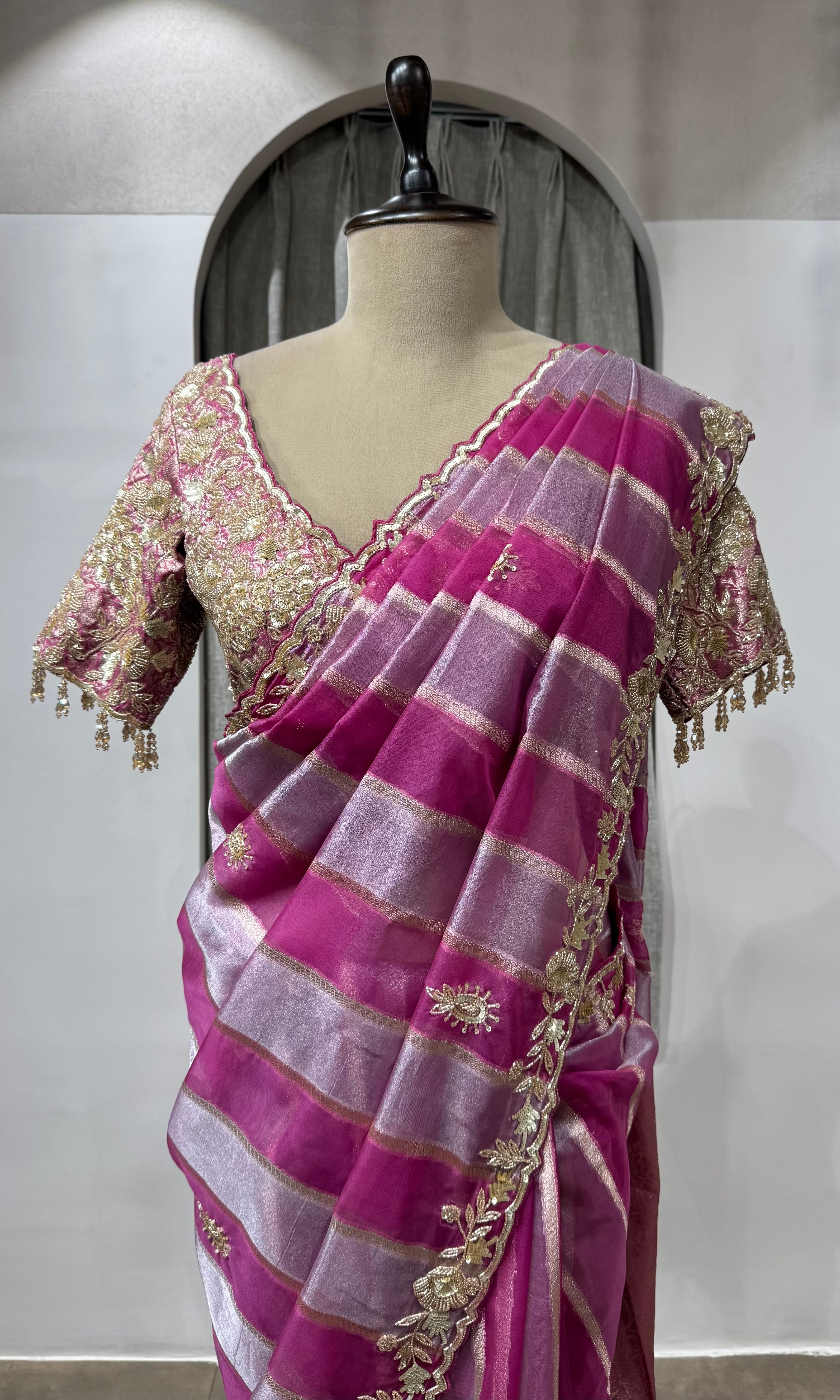 WINE Embellished Tussar Silk Leheriya Saree