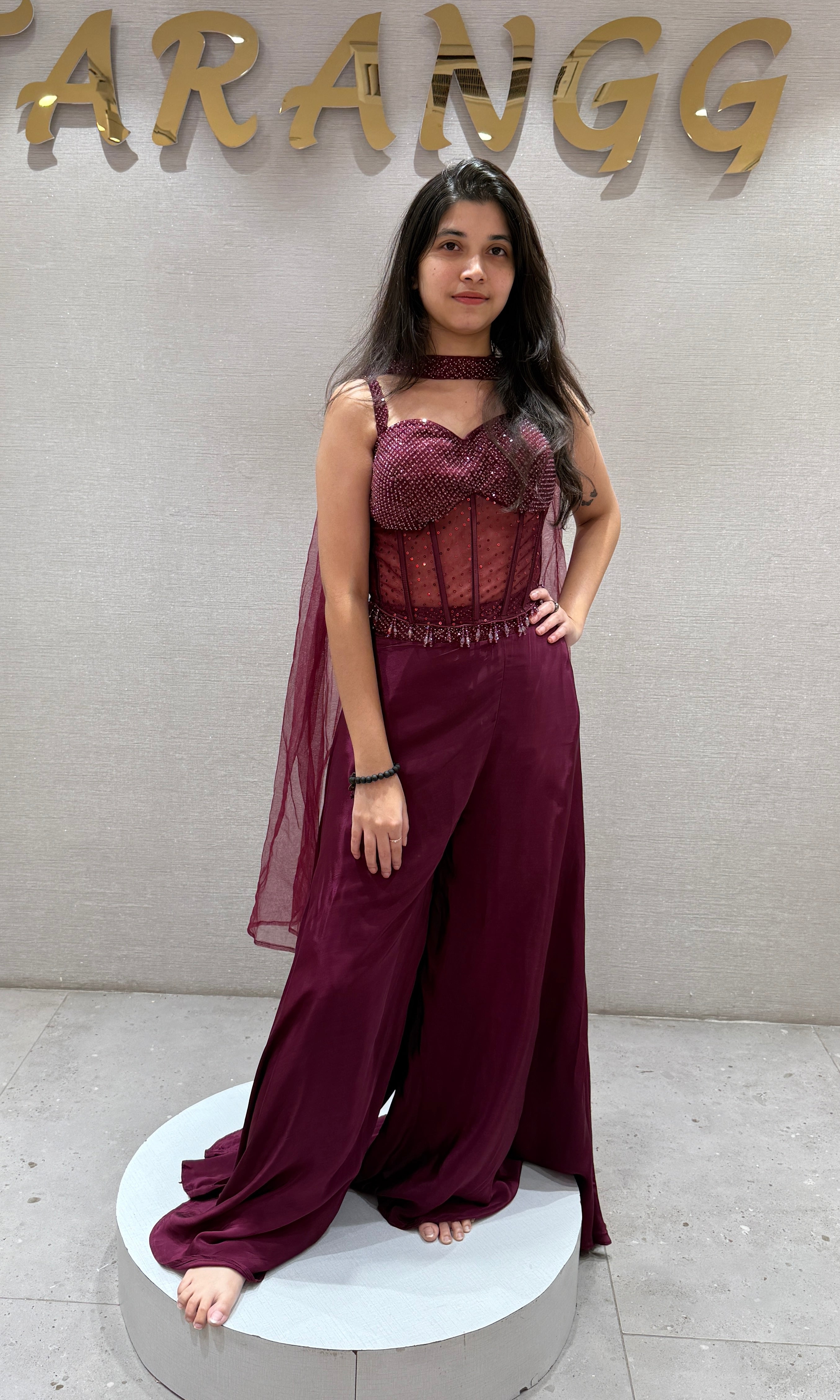 maroon palazzo set with corset blouse