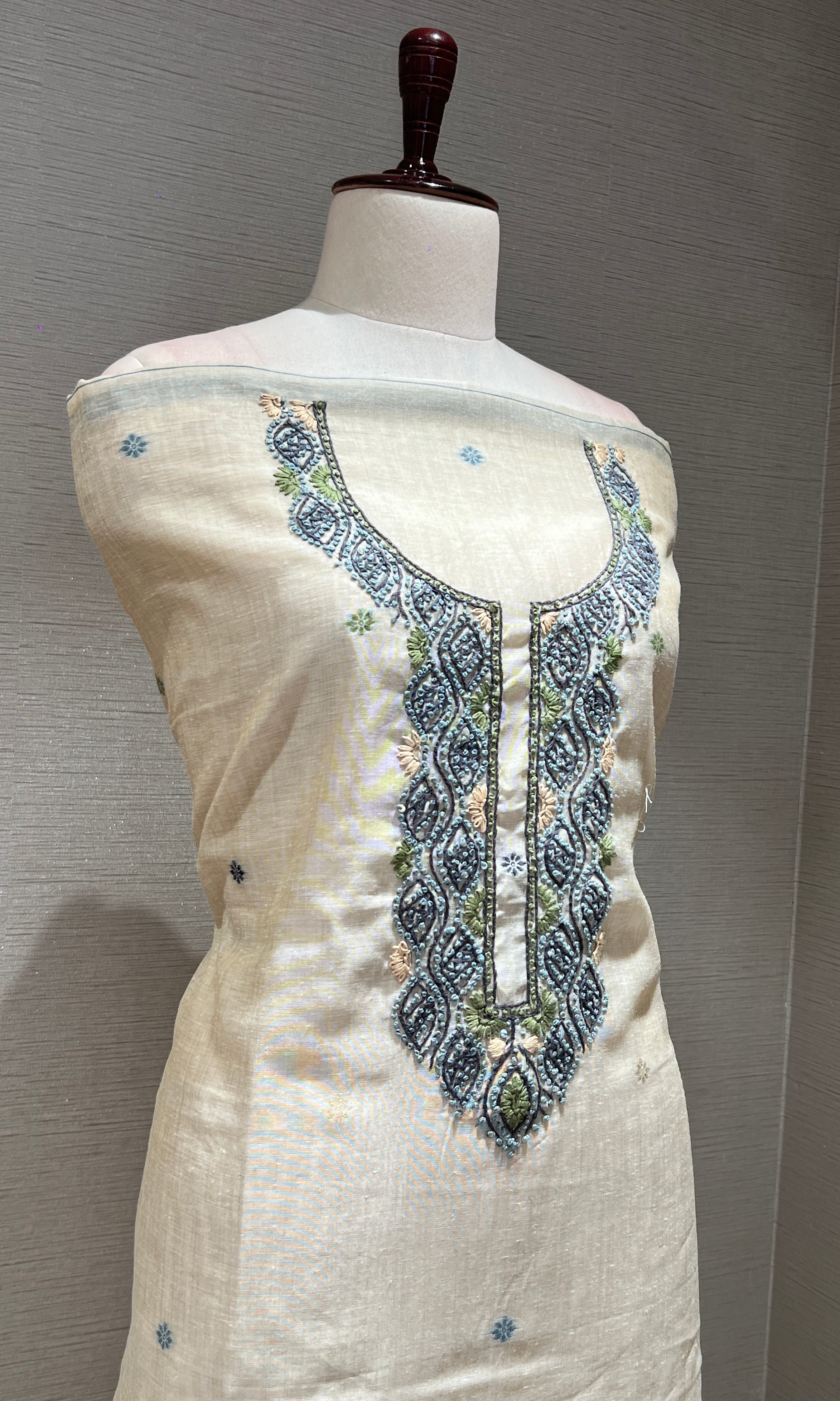 CREAM Blue EMBROIDERED dress material