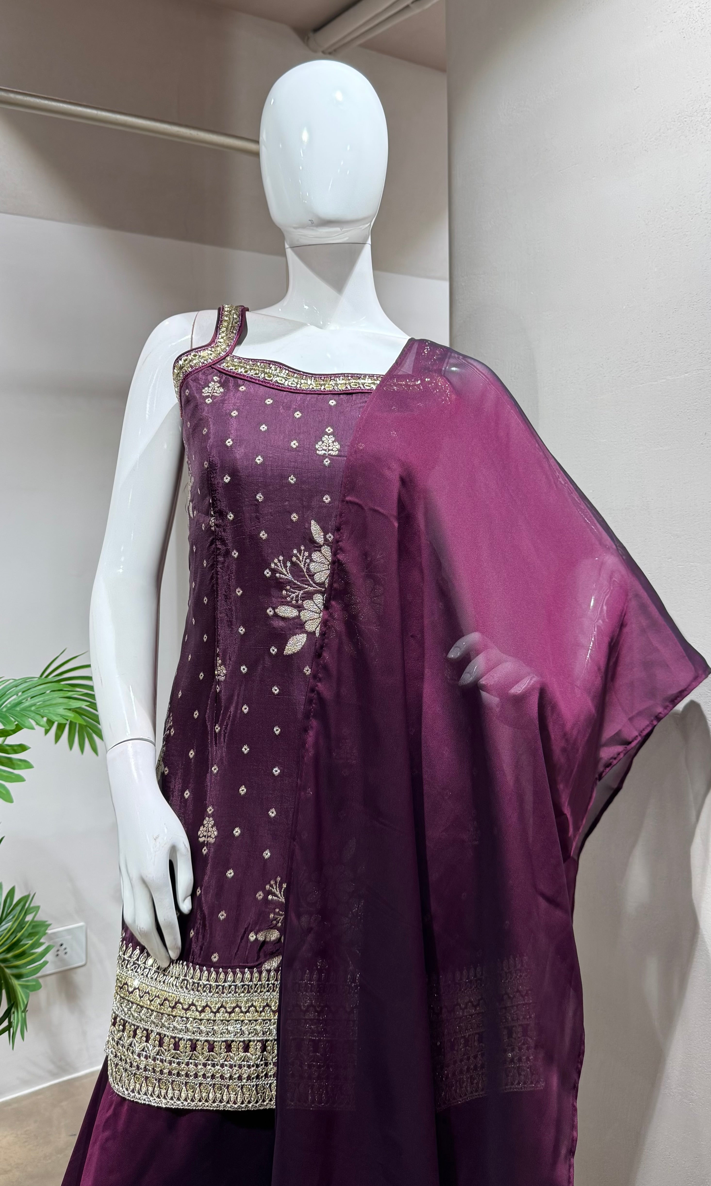 Wine Embroidered Georgette Sharara Set