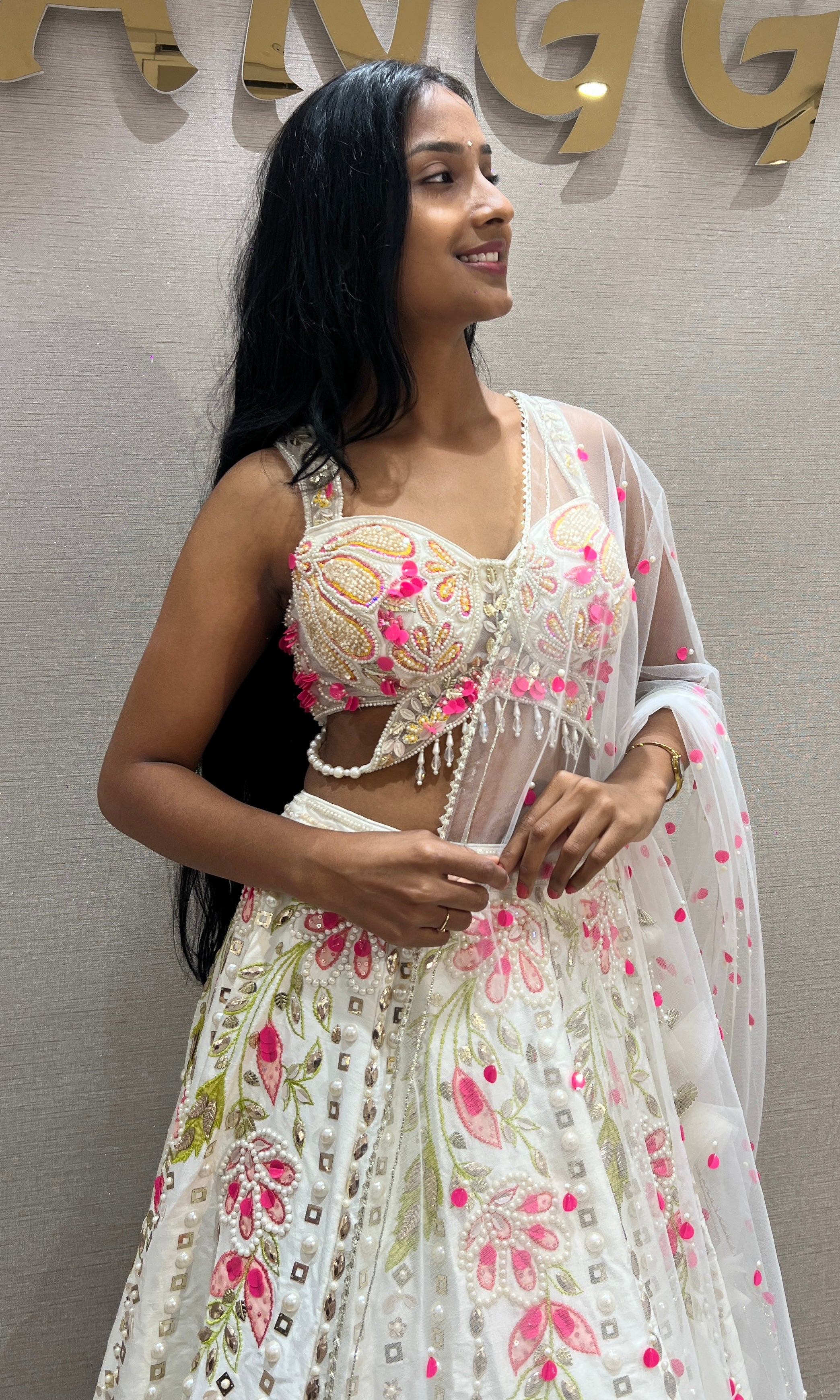 White Shimmering Botanical Lehenga Choli