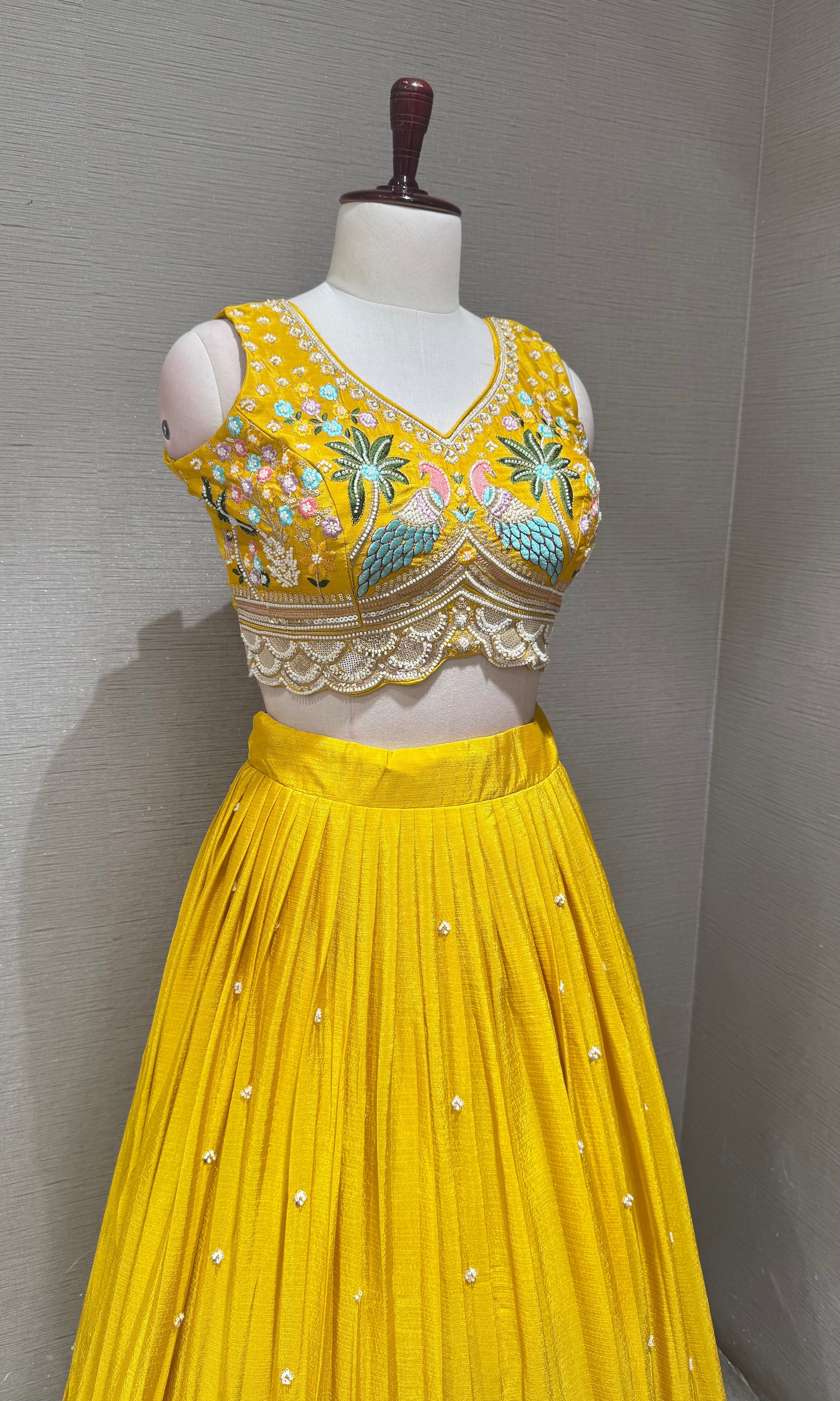 Yellow Tissue silk Lehenga with Peacock & Floral Embroidery