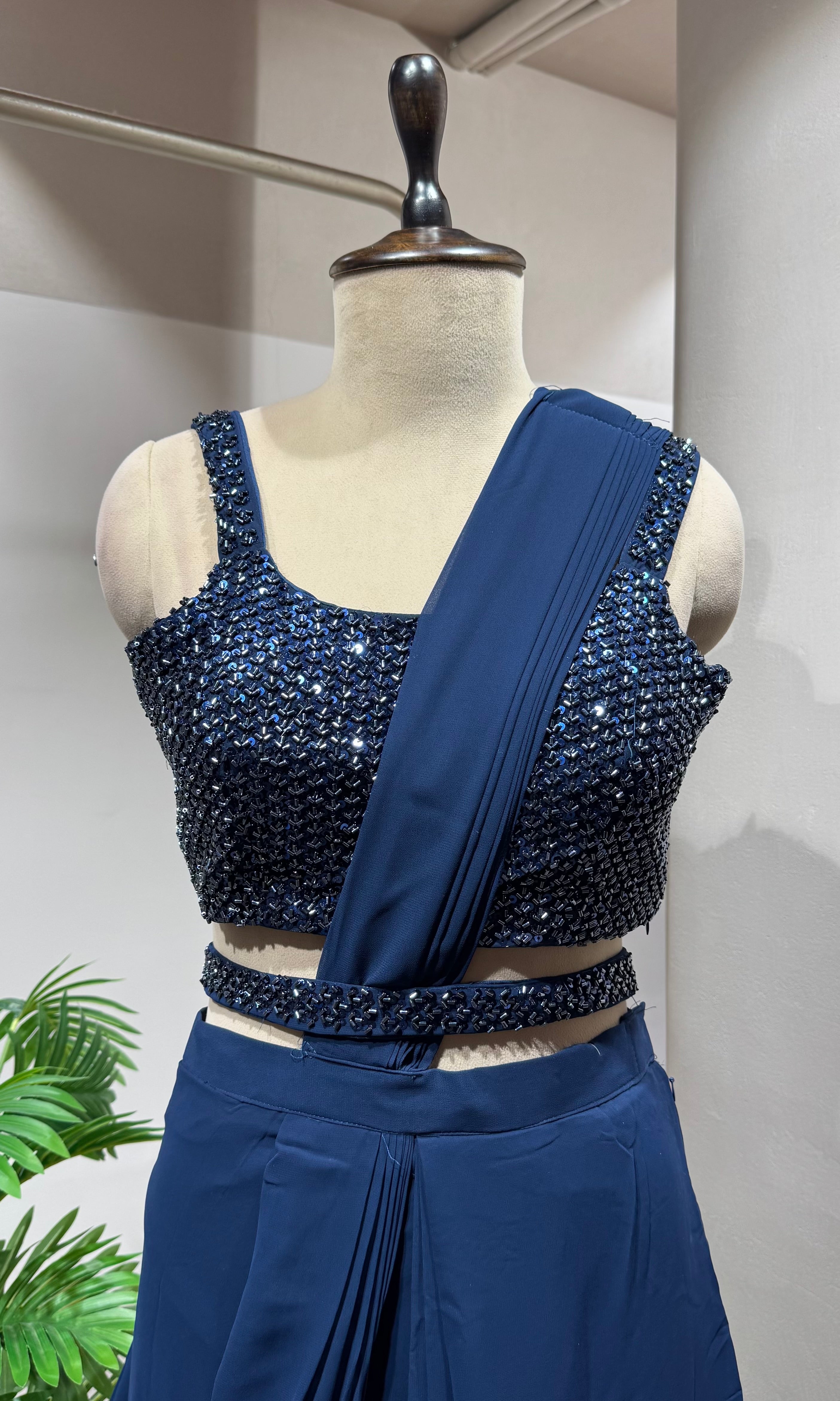 navy blue pre-draped saree with blouse & belt