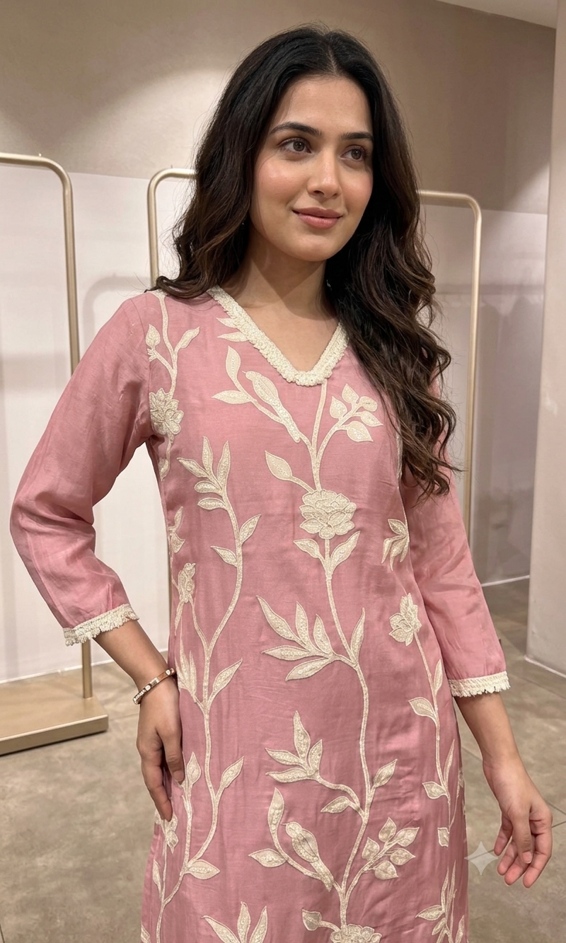 Rose Pink Floral Embroidered Kurta Set
