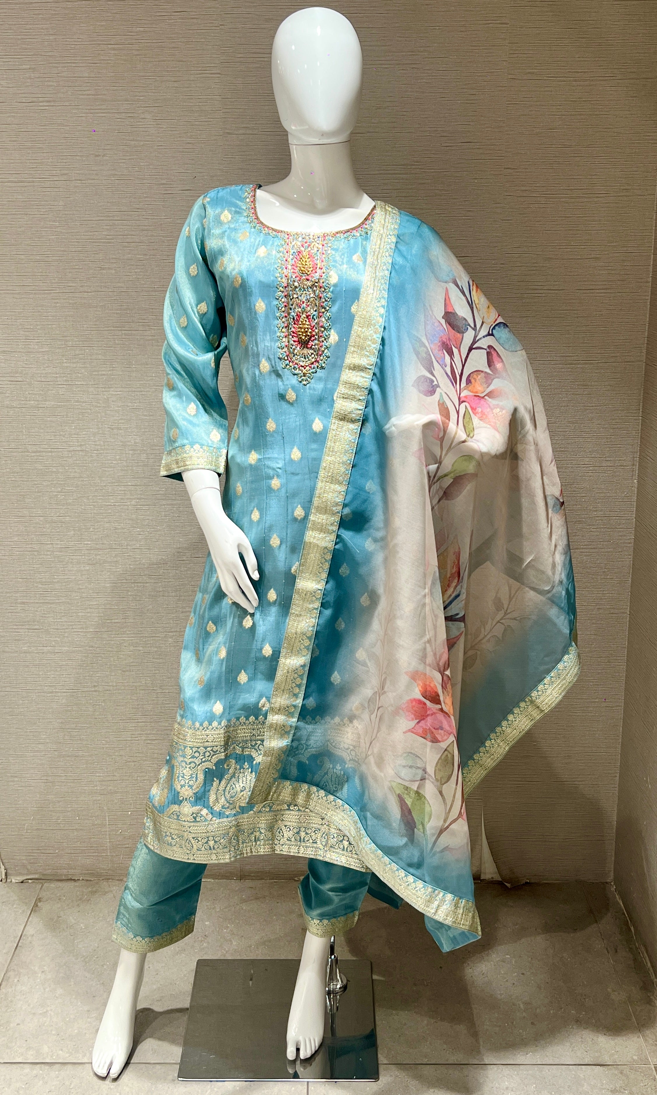 Aqua Bloom Embroidered Suit Set